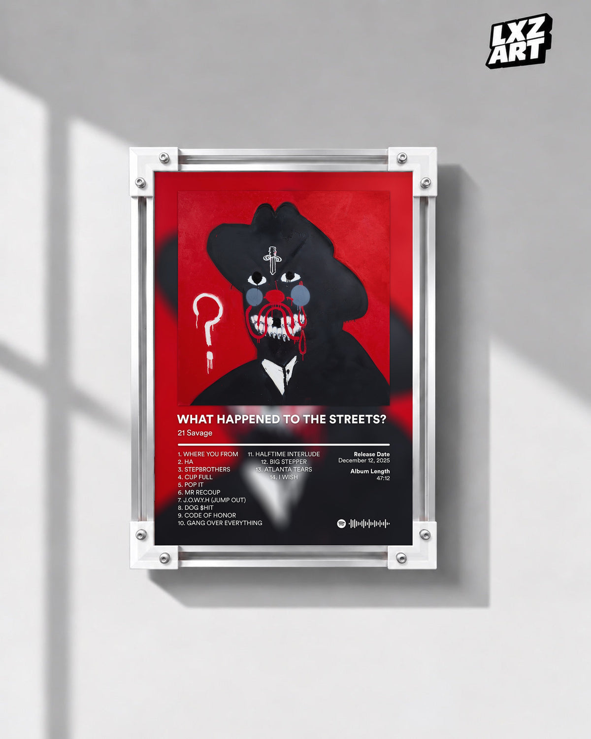 21 Savage What Happened to the Streets? Red Tracklist Poster | Unframed Wall Art shown on a gray wall; frame not included.