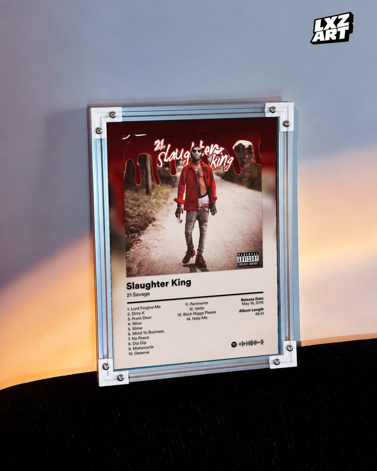 21 Savage Slaughter King Tracklist Poster | Unframed Wall Art displayed on a warm-lit wall; frame not included.