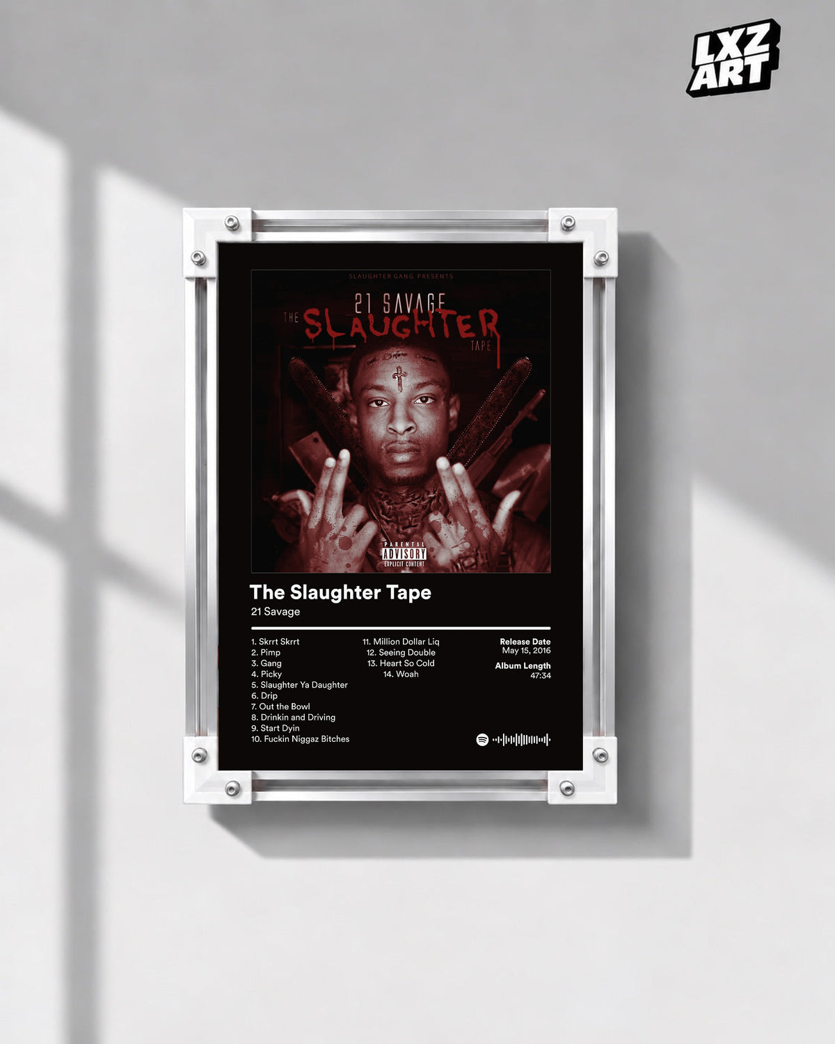 21 Savage The Slaughter Tape Tracklist Poster | Unframed Wall Art displayed on a gray wall; frame not included.