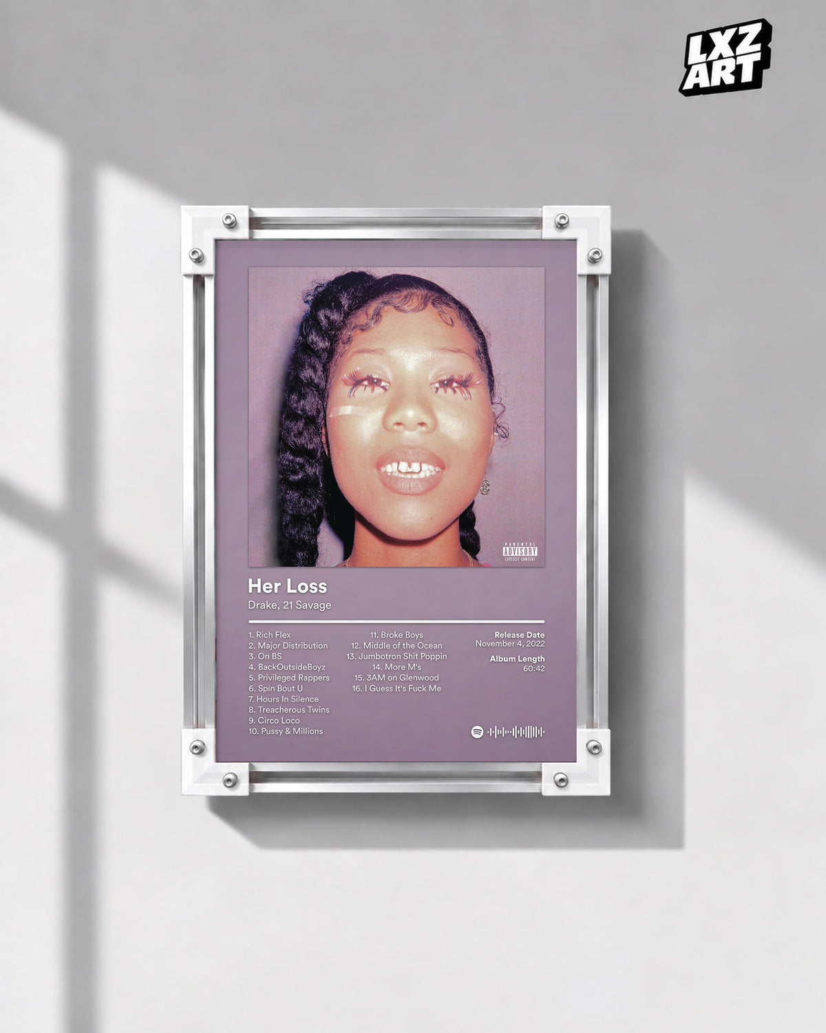Drake & 21 Savage Her Loss Mauve Tracklist Poster | Unframed Wall Art displayed on a gray wall; frame not included.