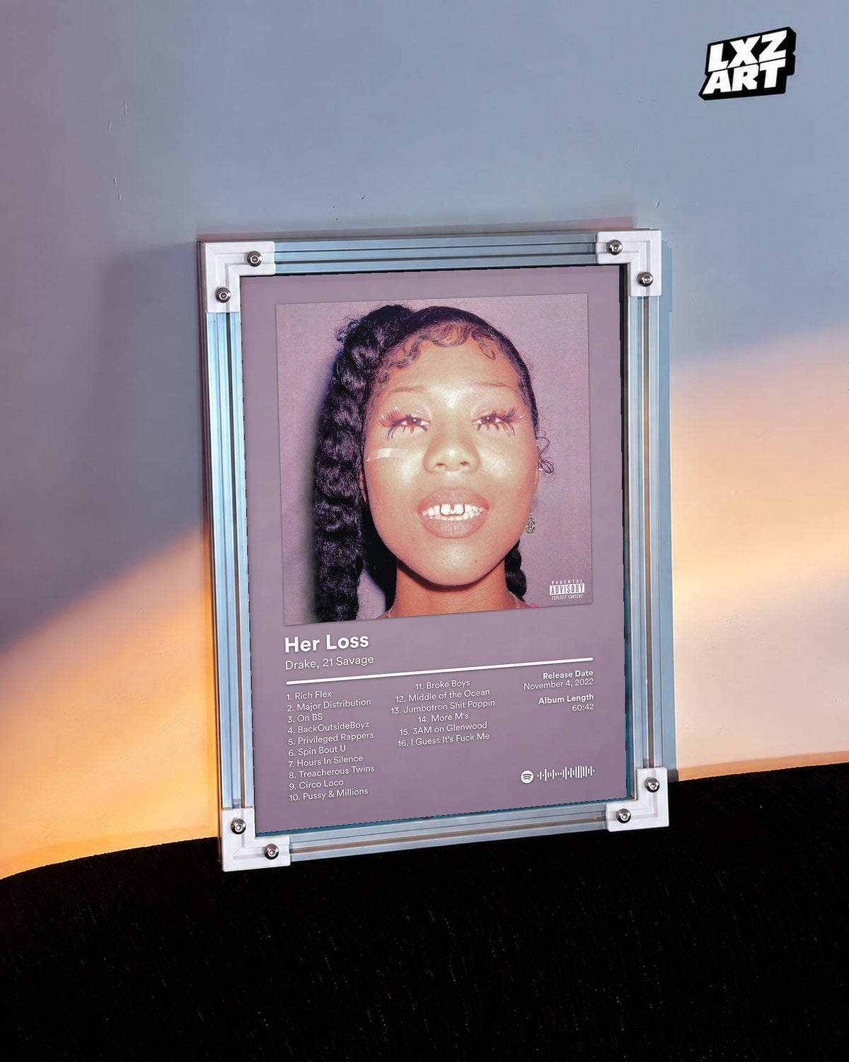 Drake & 21 Savage Her Loss Mauve Tracklist Poster | Unframed Wall Art displayed on a warm-lit wall; frame not included.