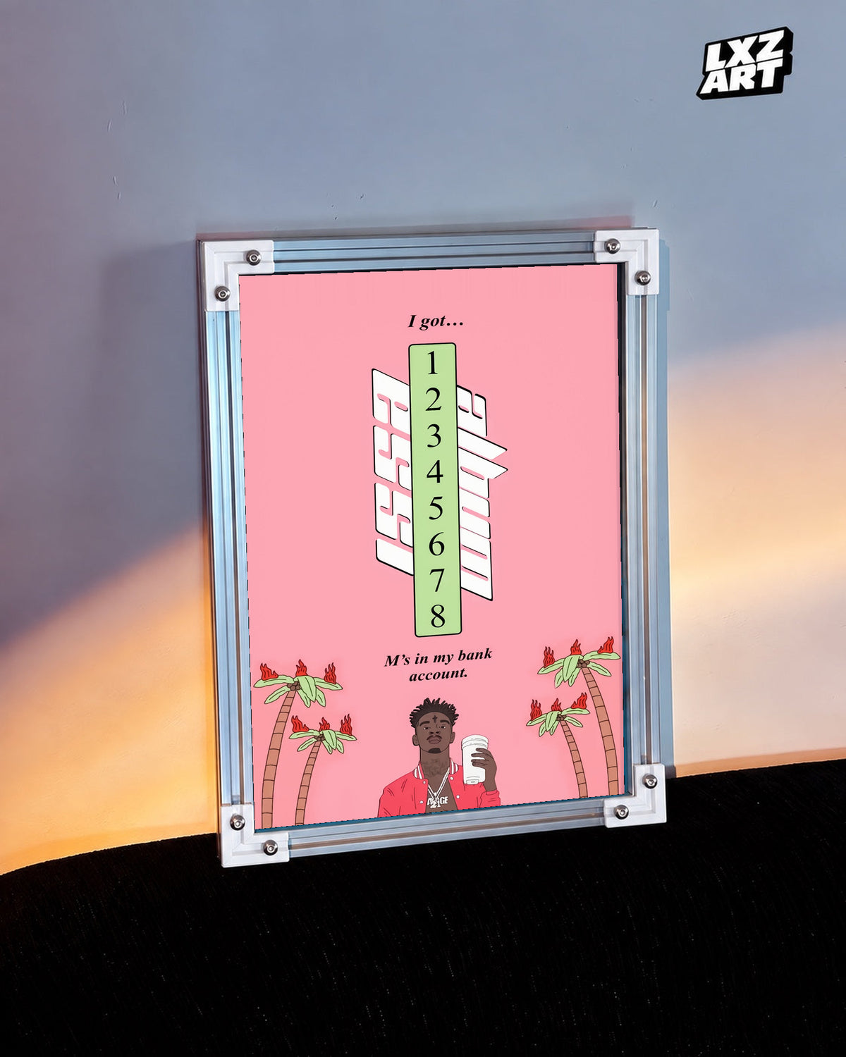 21 Savage Bank Account Pink Lyric Poster | Unframed Wall Art displayed on a warm-lit wall; frame not included.