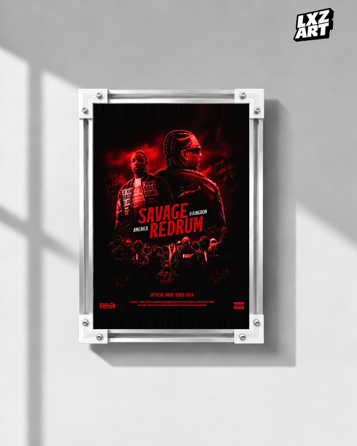 21 Savage Redrum Red Music Video Poster | Unframed Wall Art displayed on a gray wall; frame not included.