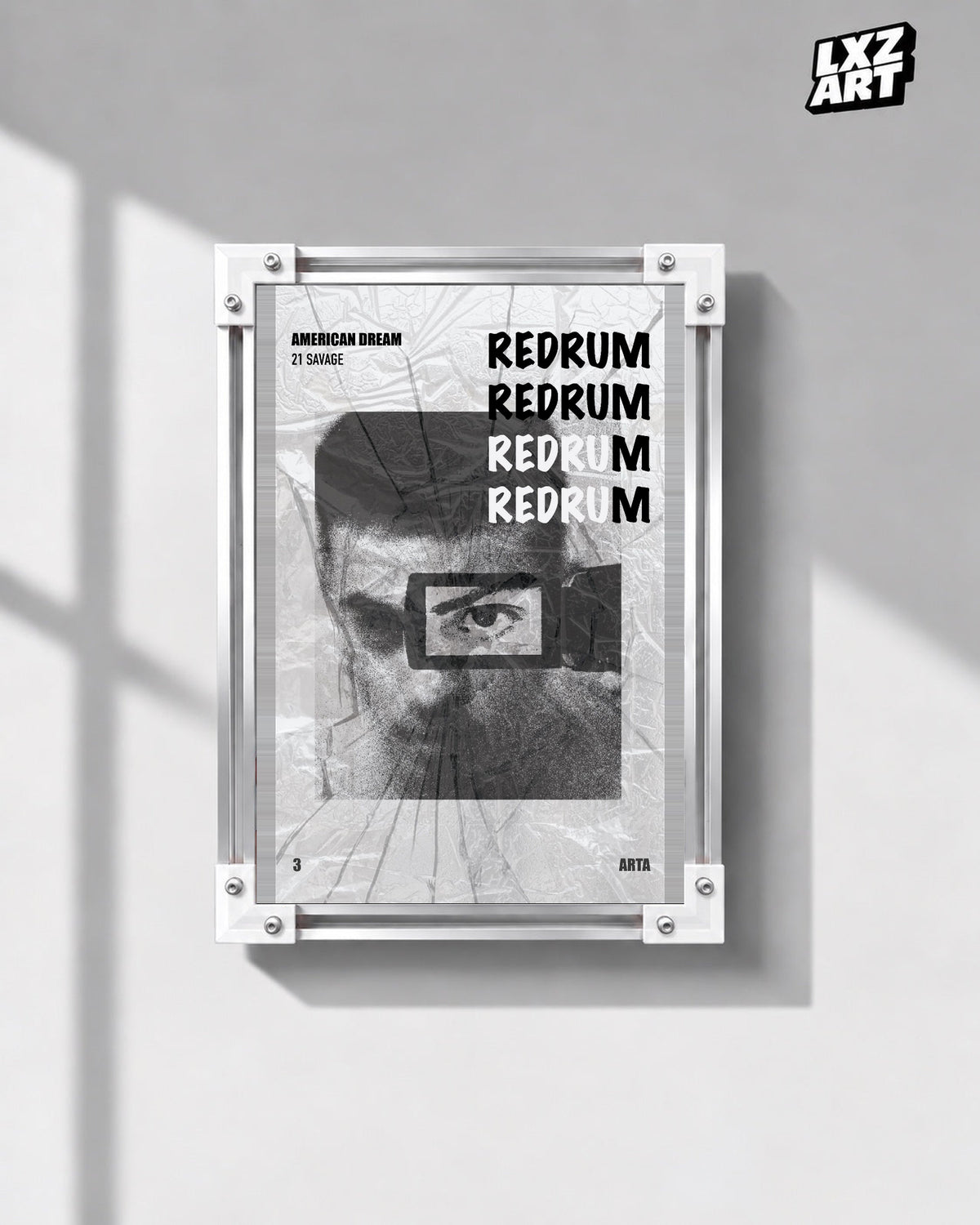 21 Savage Redrum Monochrome Eye Poster | Unframed Wall Art displayed on a gray wall; frame not included.
