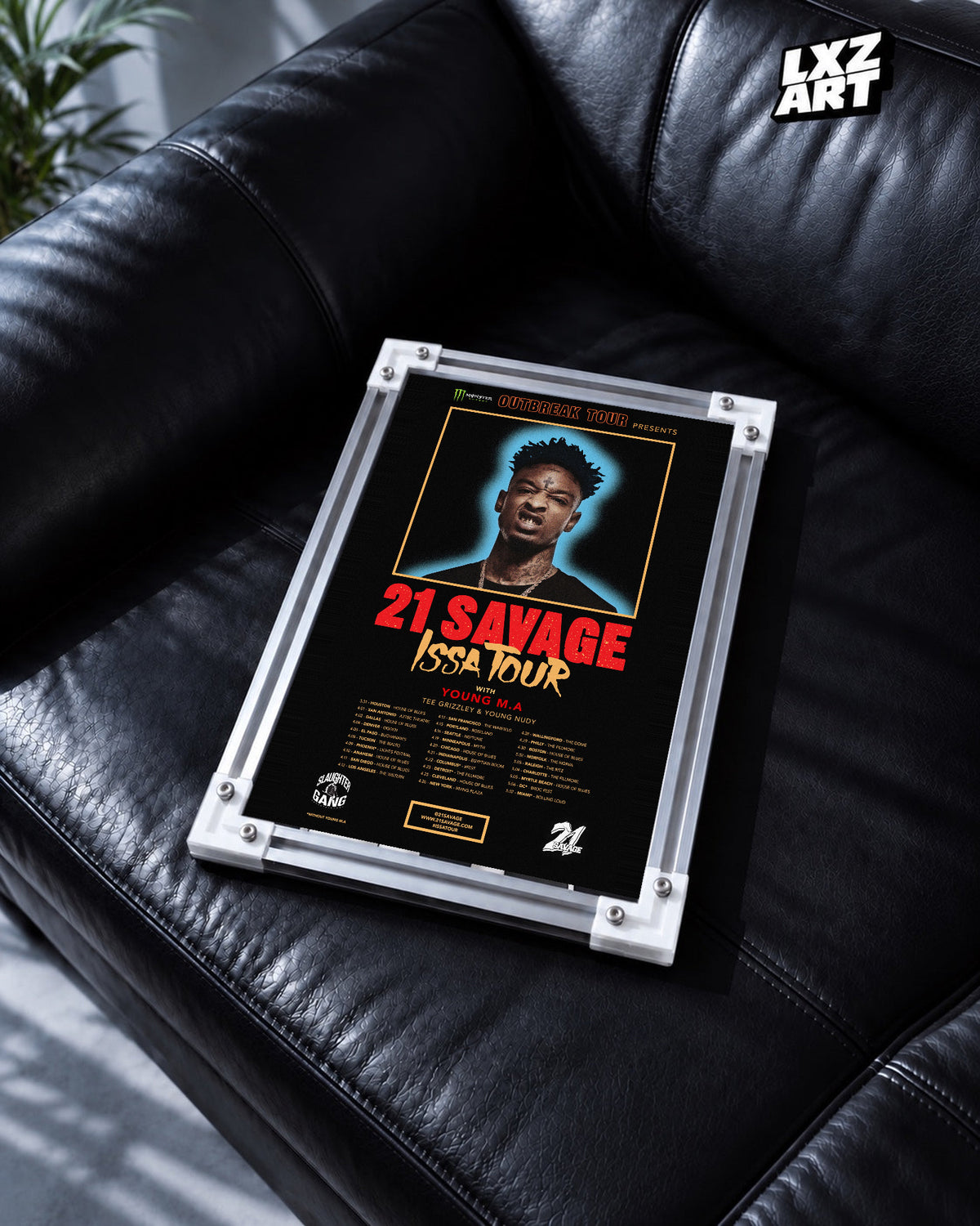 21 Savage Issa Tour 2017 Date Poster | Unframed Wall Art displayed on a black leather sofa; frame not included.