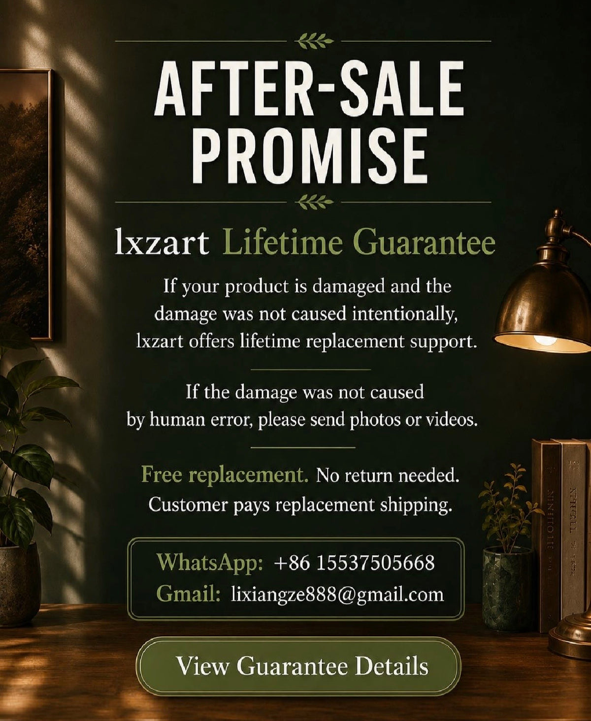 LXZART after-sale lifetime replacement guarantee and contact details