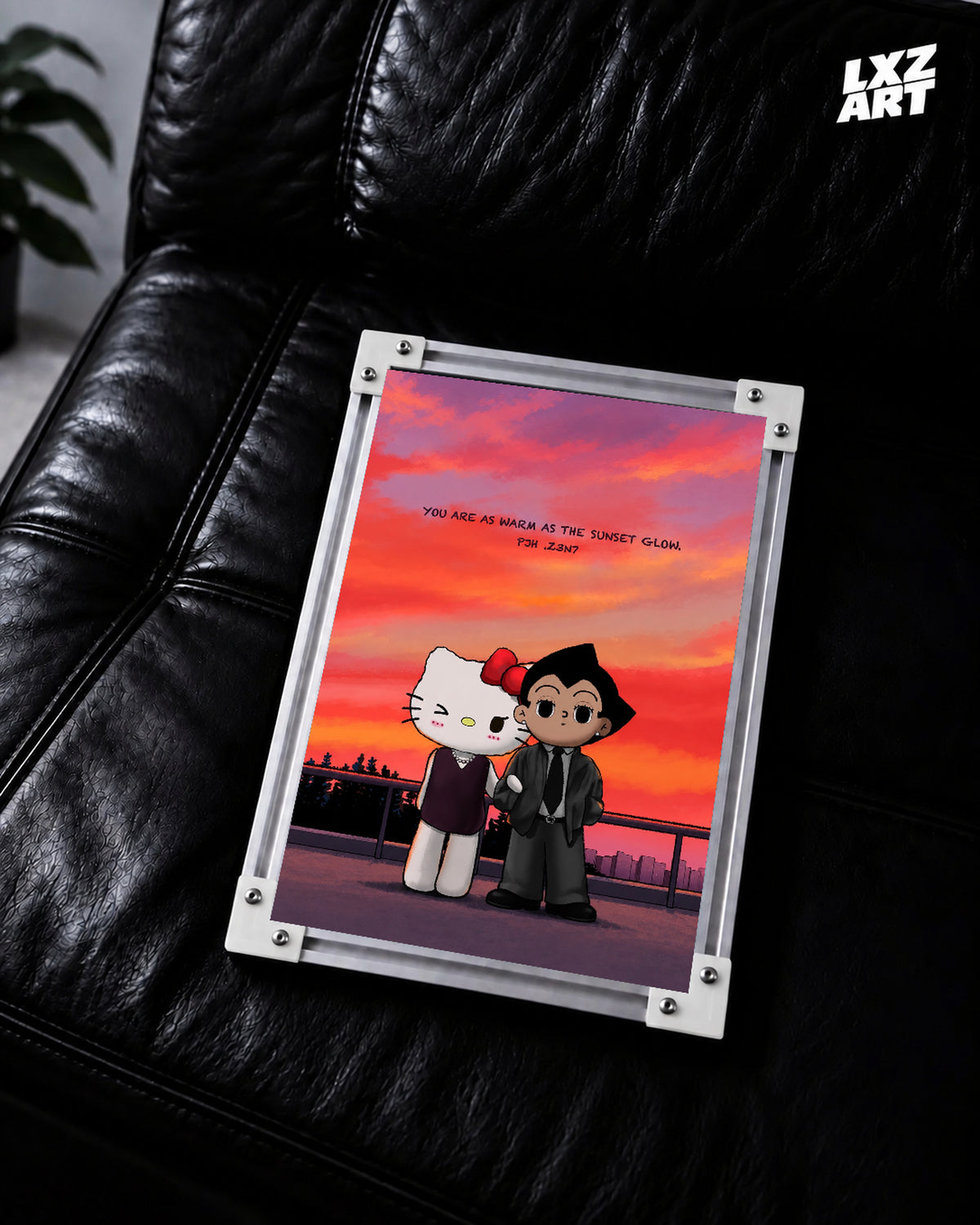 Sunset couple poster – black sofa display, frame not included