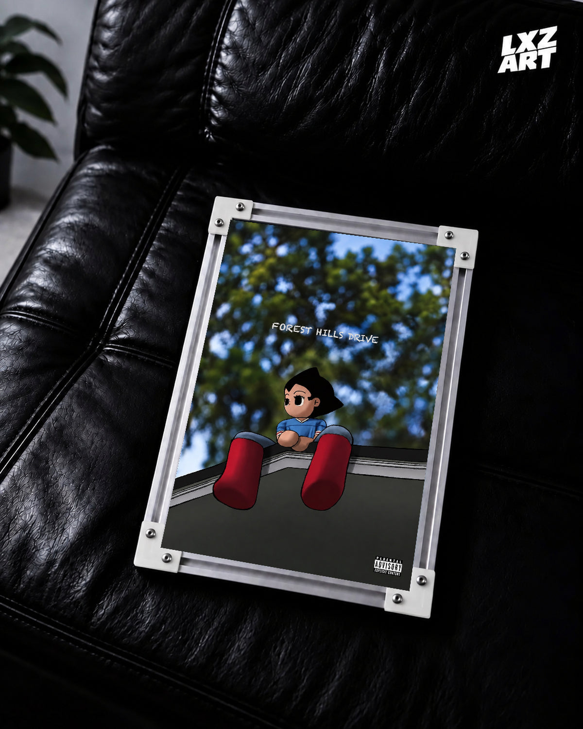 J. Cole 2014 Forest Hills Drive-inspired Astro Boy poster – black sofa display; frame not included