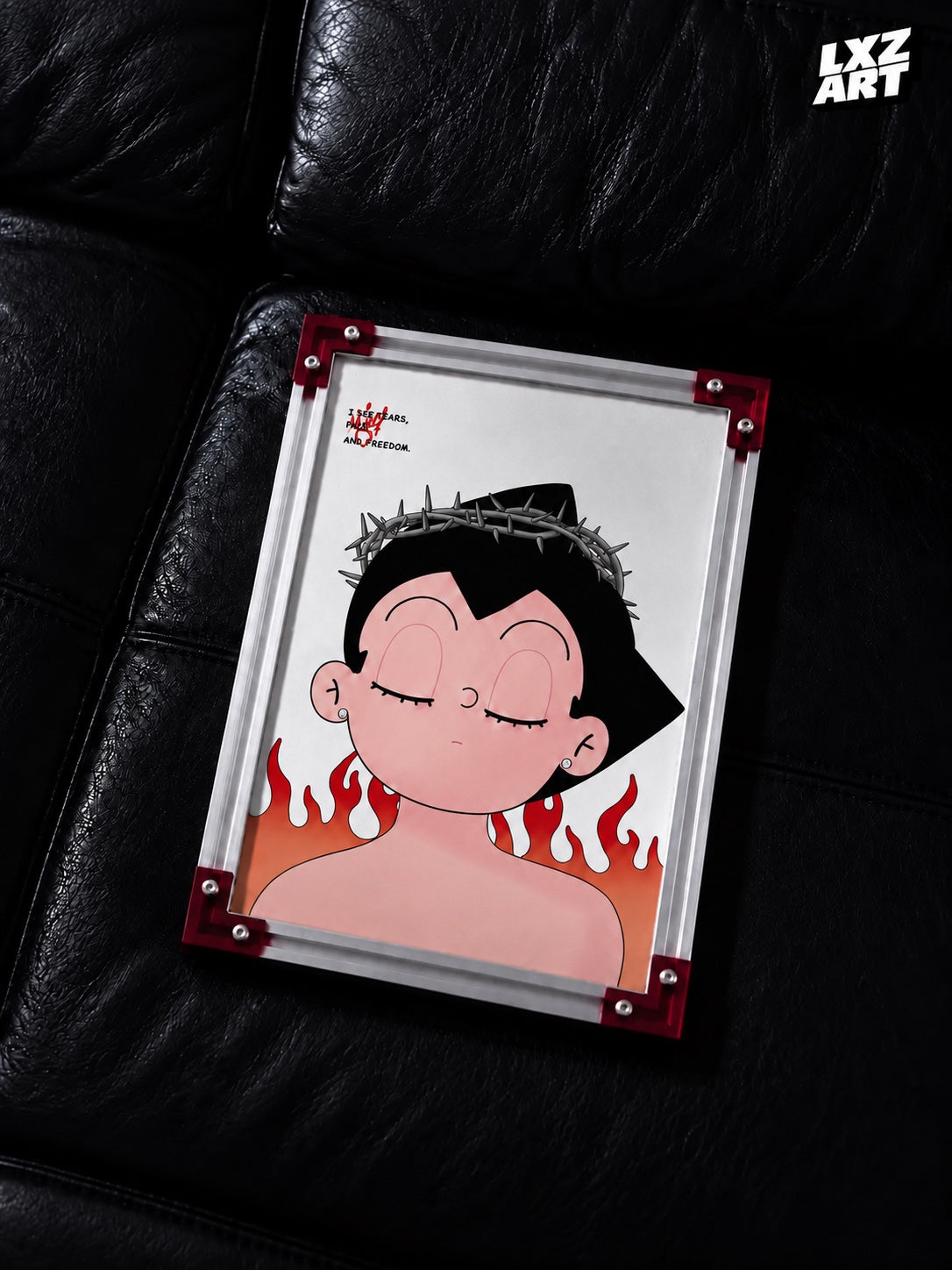 Astro Boy thorn crown and flame fan art, unframed print shown in a display frame, view 3