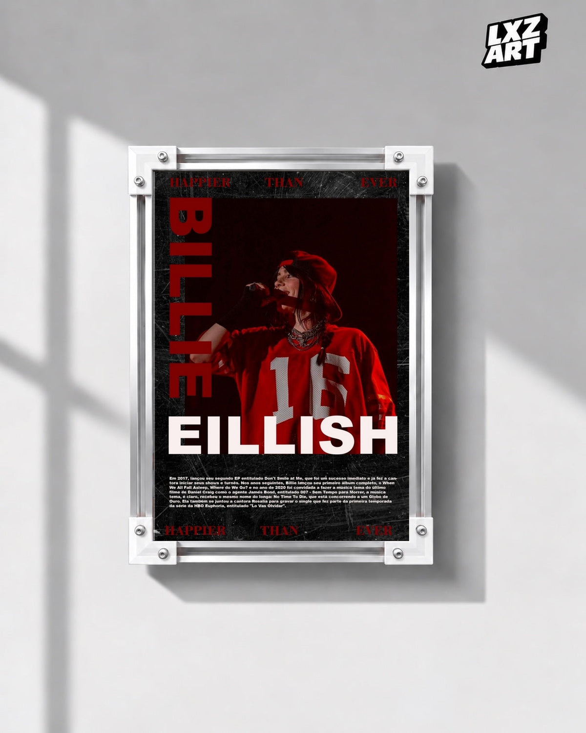 Billie Eilish Happier Than Ever Performance Poster in white-corner frame on gray wall. Frame shown for display only.