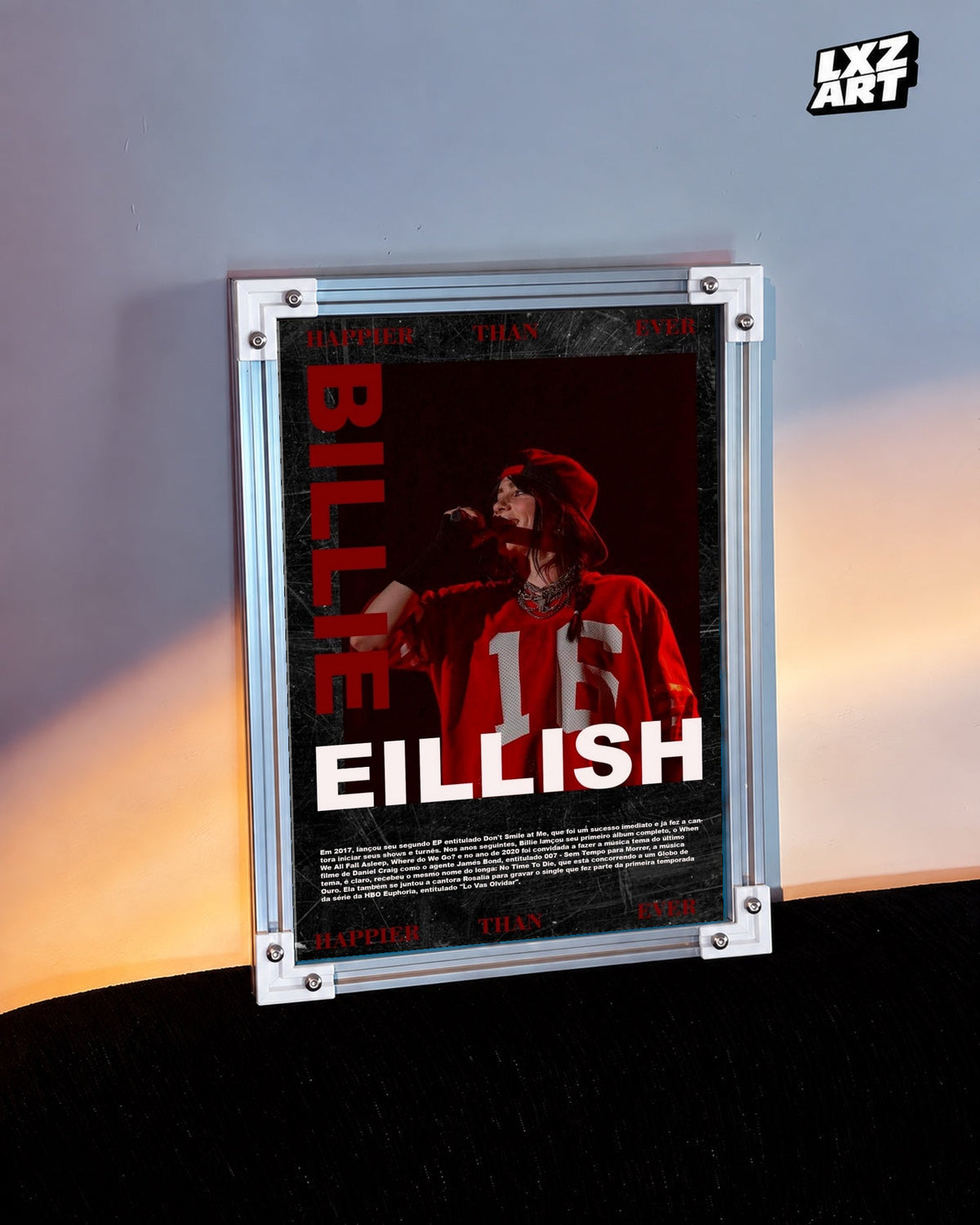 Billie Eilish Happier Than Ever Performance Poster in white-corner frame beside warm-lit wall. Frame shown for display only.