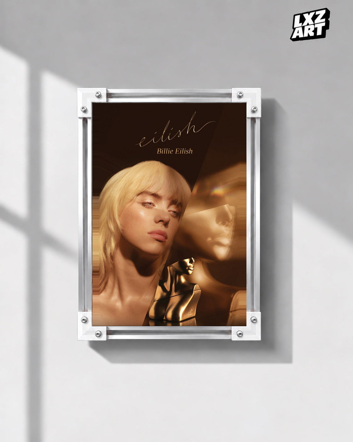 Billie Eilish Golden Portrait Poster in white-corner frame on gray wall. Frame shown for display only.