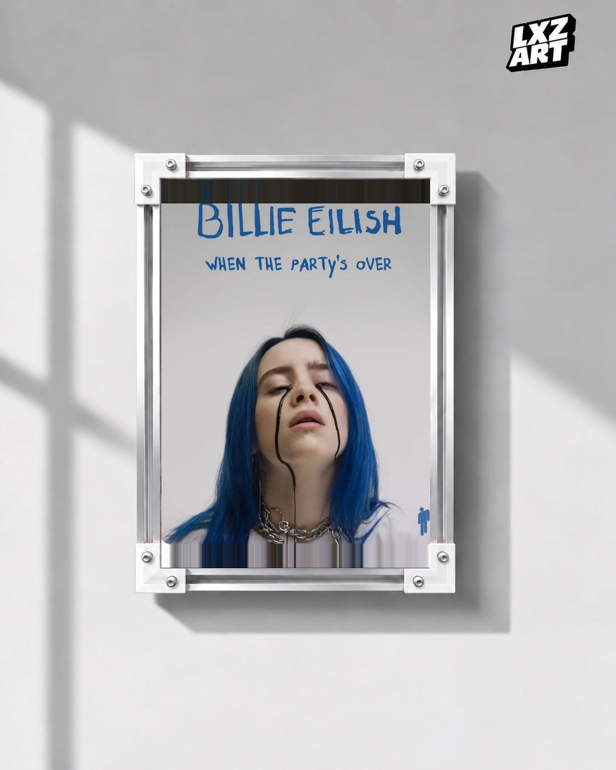 Billie Eilish When The Party’s Over Poster in white-corner frame on gray wall. Frame shown for display only.