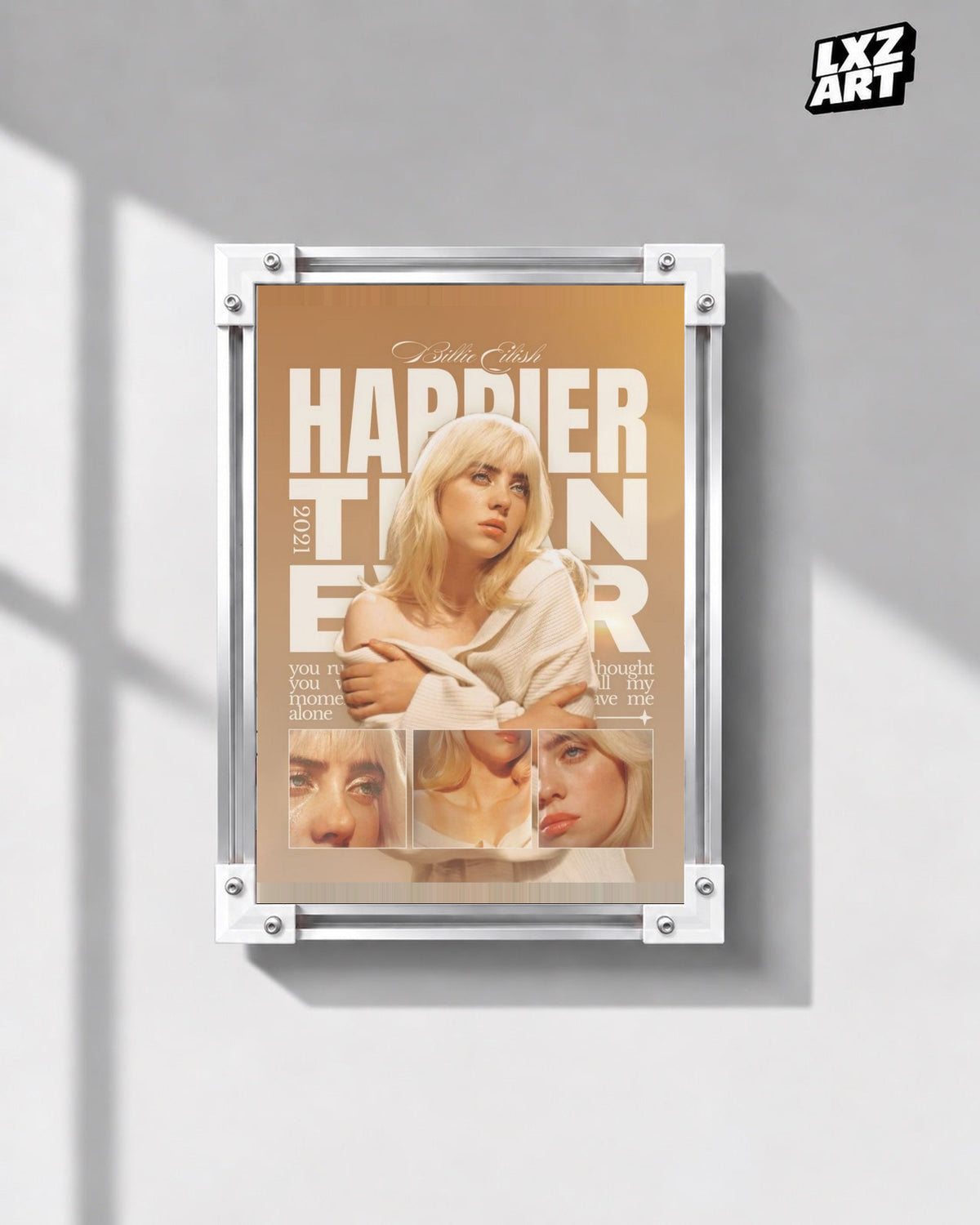 Billie Eilish Happier Than Ever Collage Poster in white-corner frame on gray wall. Frame shown for display only.