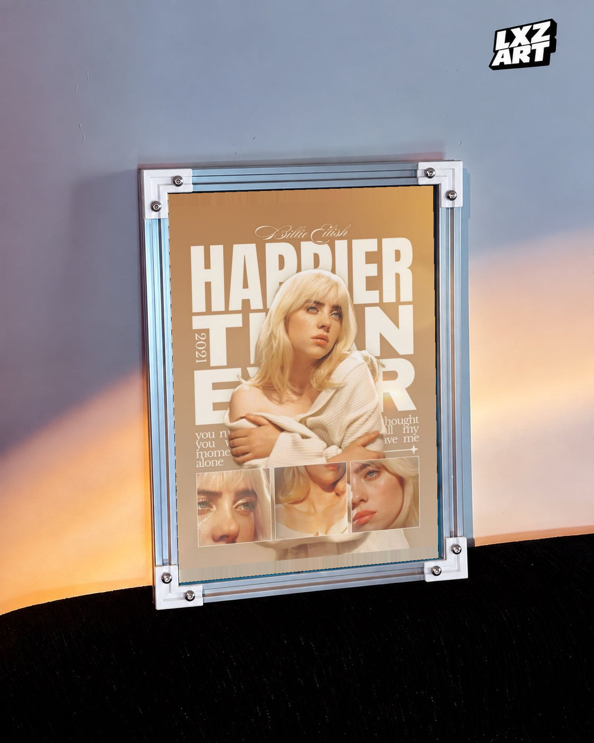 Billie Eilish Happier Than Ever Collage Poster in white-corner frame beside warm-lit wall. Frame shown for display only.