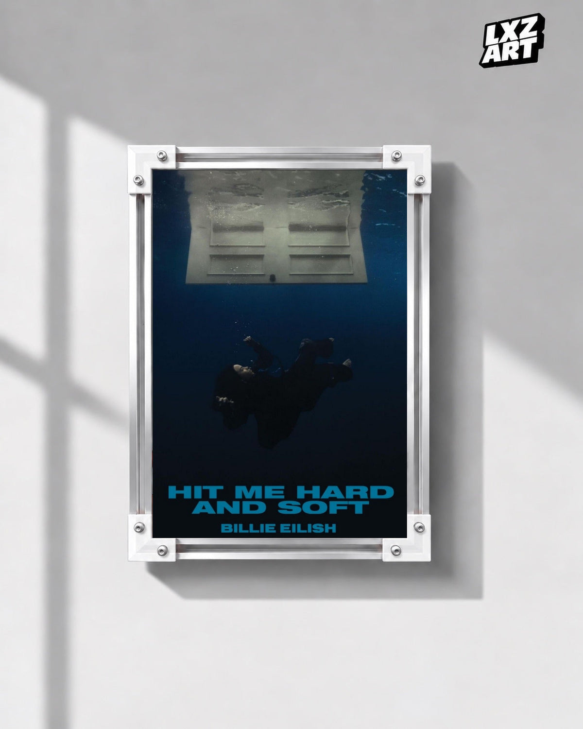 Billie Eilish Hit Me Hard and Soft Album Poster in white-corner frame on gray wall. Frame shown for display only.