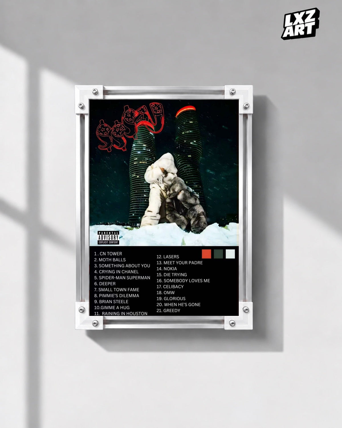 Drake Fan Concept Album Tracklist Poster in white-corner frame on gray wall. Frame shown for display only.