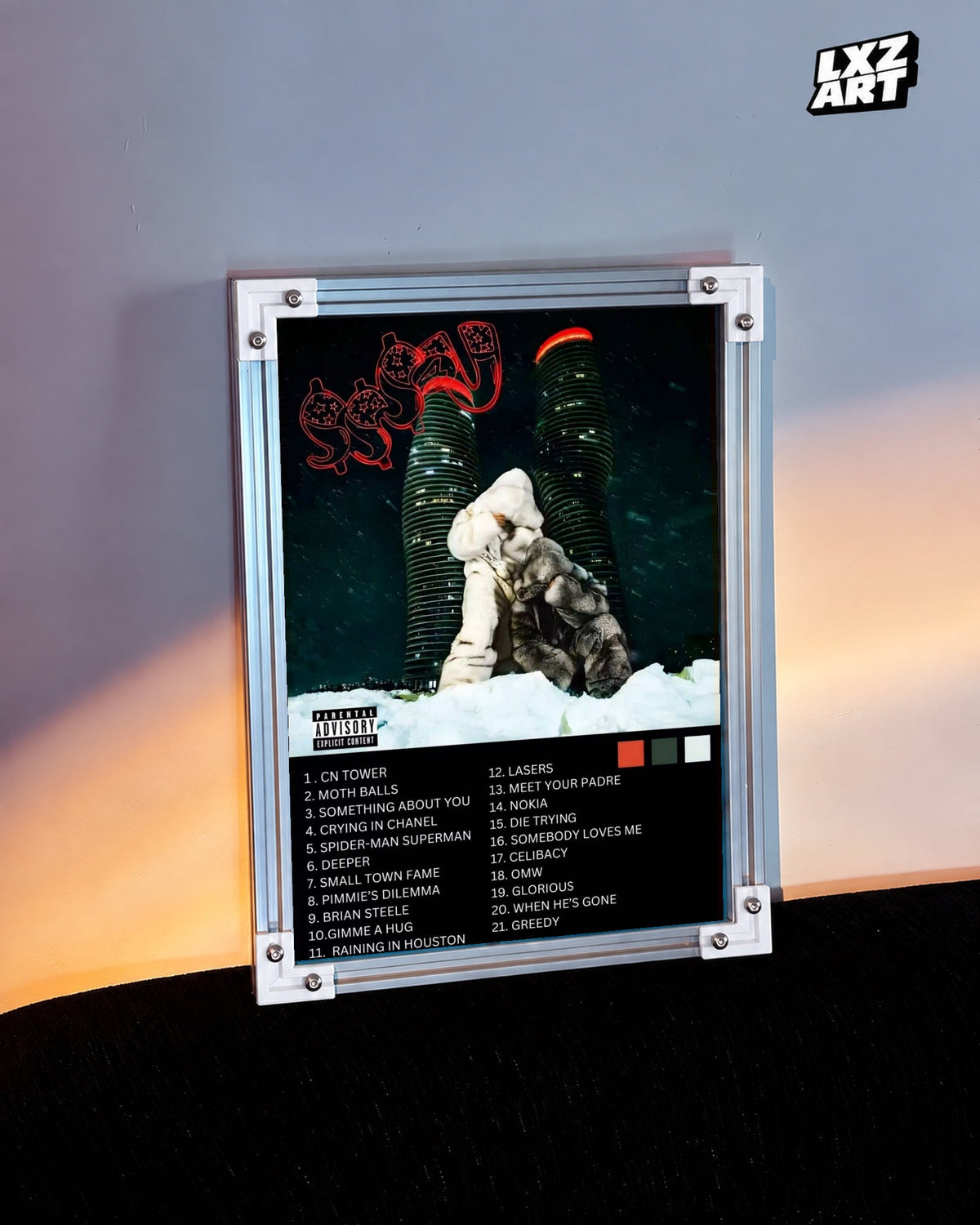 Drake Fan Concept Album Tracklist Poster in white-corner frame on warm-lit wall. Frame shown for display only.