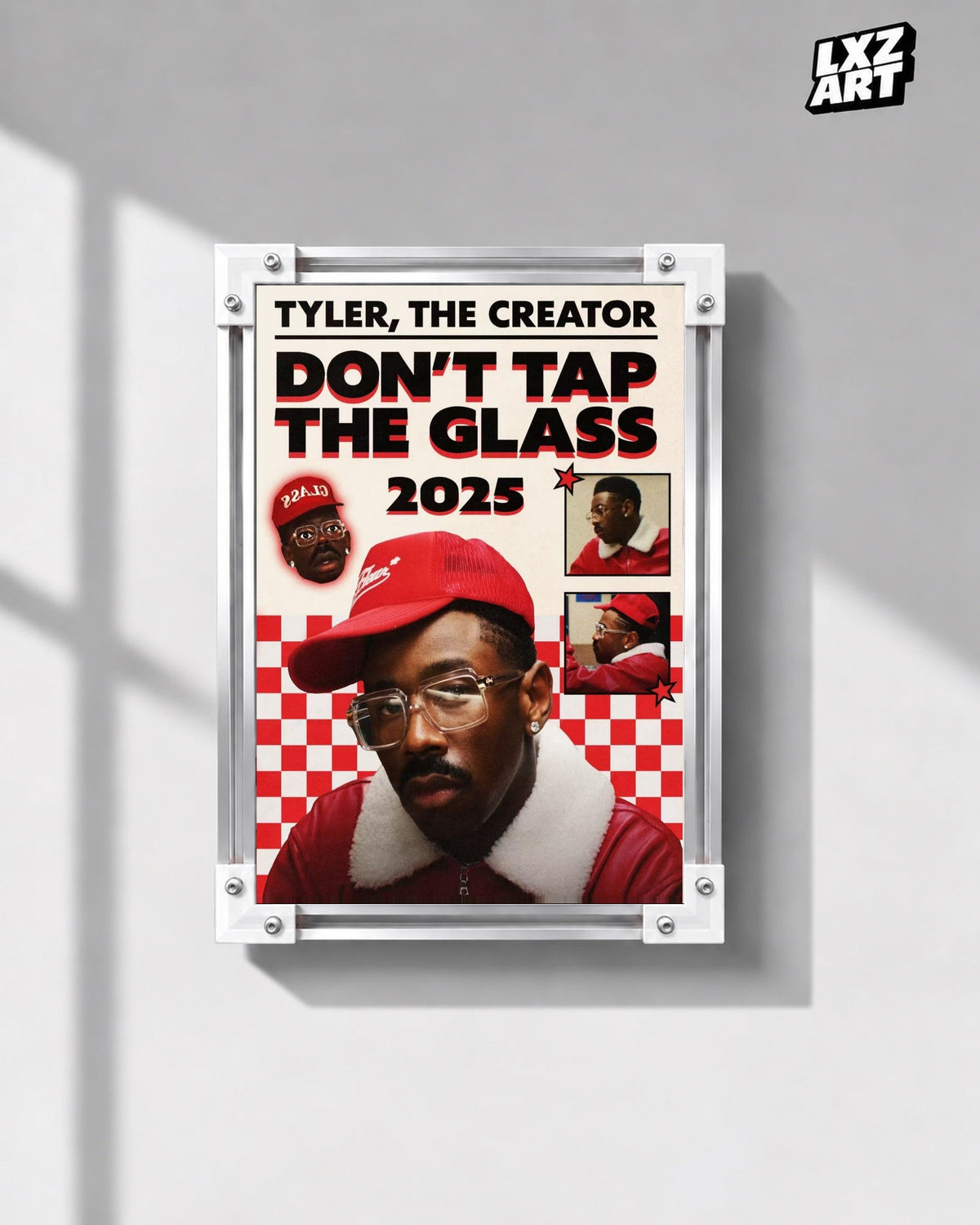 Tyler, The Creator Don't Tap The Glass Album Poster in white-corner frame on gray wall. Frame shown for display only.