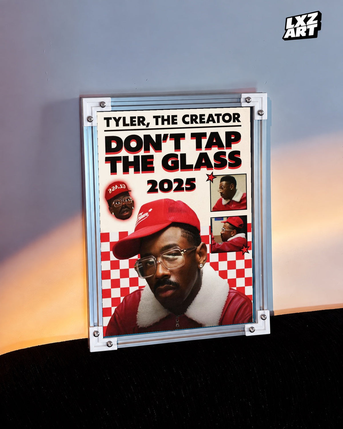 Tyler, The Creator Don't Tap The Glass Album Poster in white-corner frame beside warm-lit wall. Frame shown for display only.