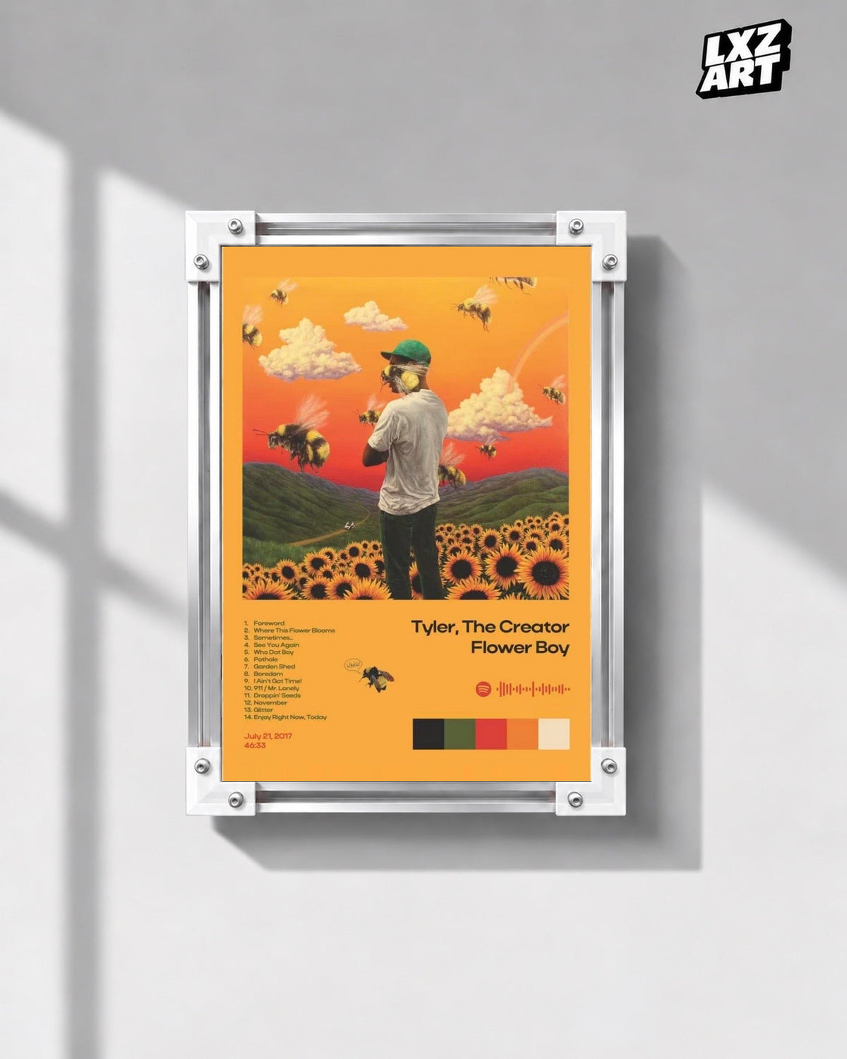 Tyler, The Creator Flower Boy Tracklist Poster in white-corner frame on gray wall. Frame shown for display only.