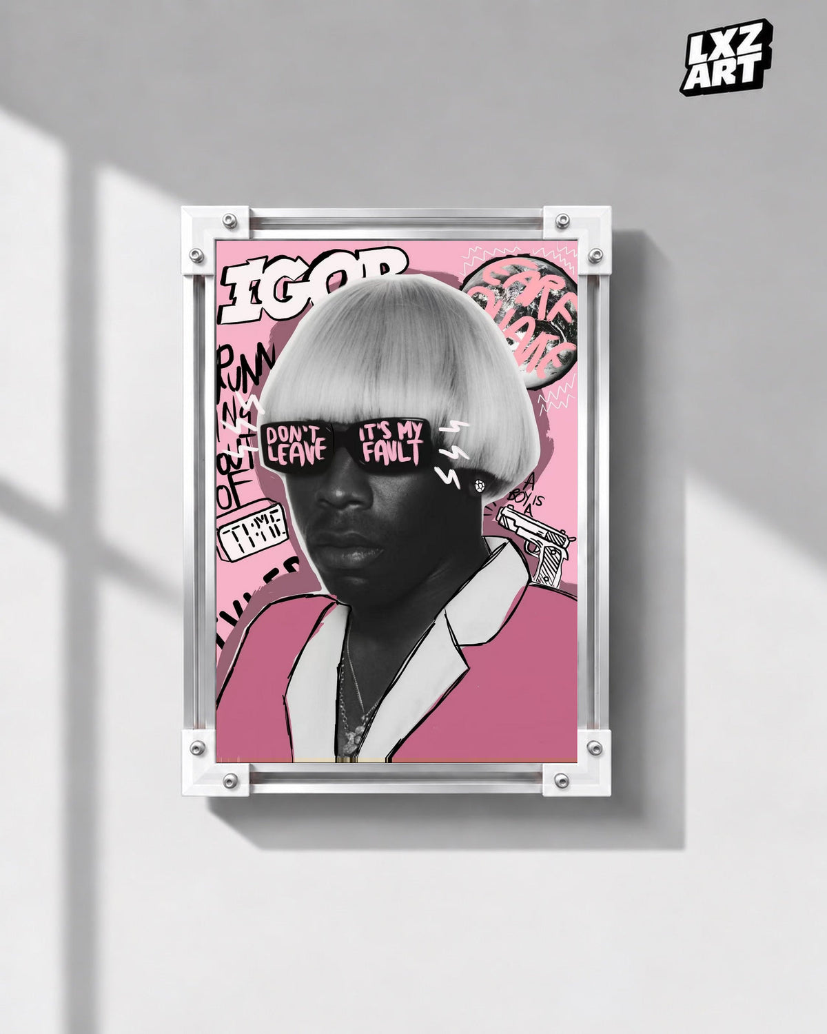 Tyler, The Creator IGOR Portrait Poster in white-corner frame on gray wall. Frame shown for display only.