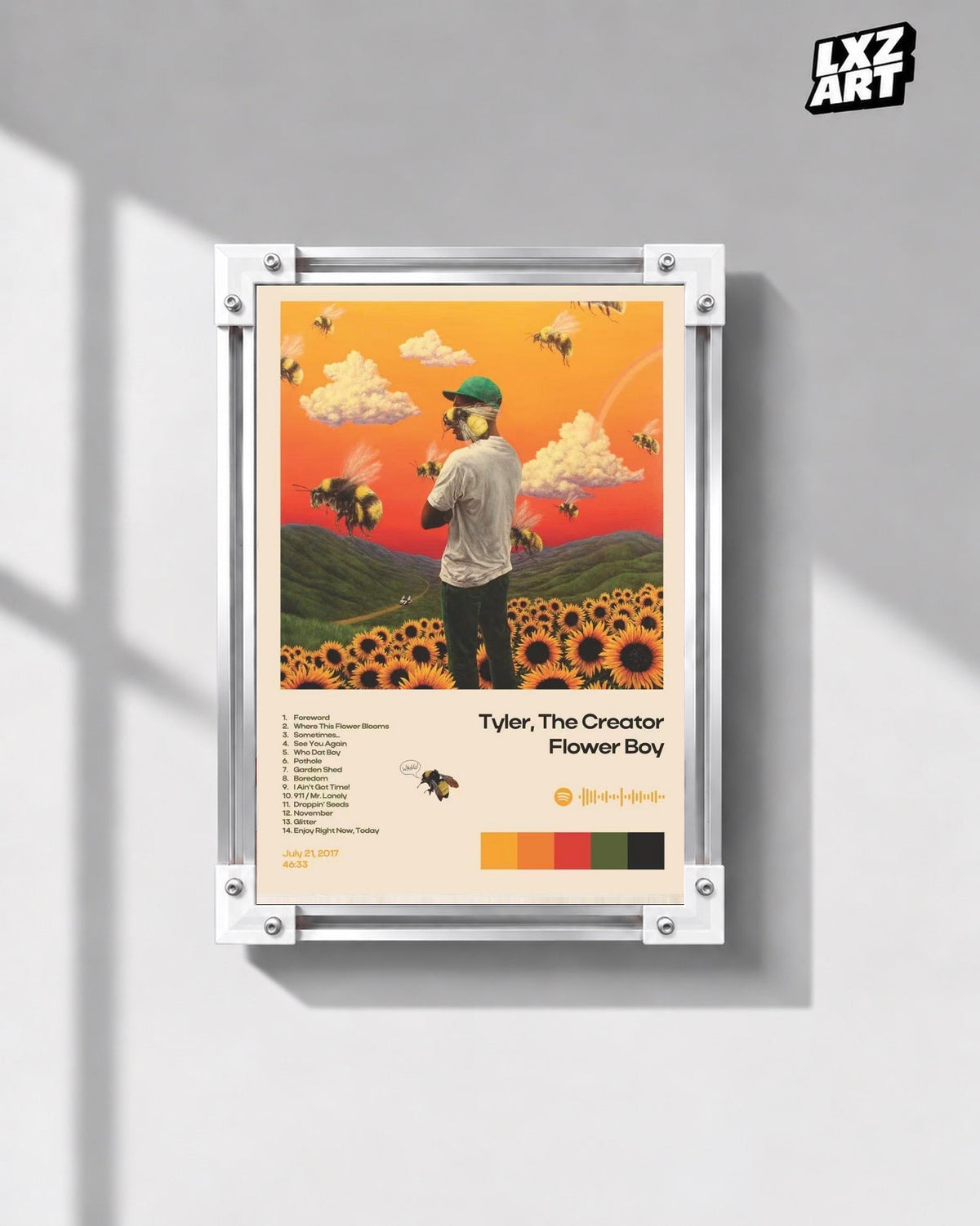 Tyler, The Creator Flower Boy Tracklist Poster in white-corner frame on gray wall. Frame shown for display only.