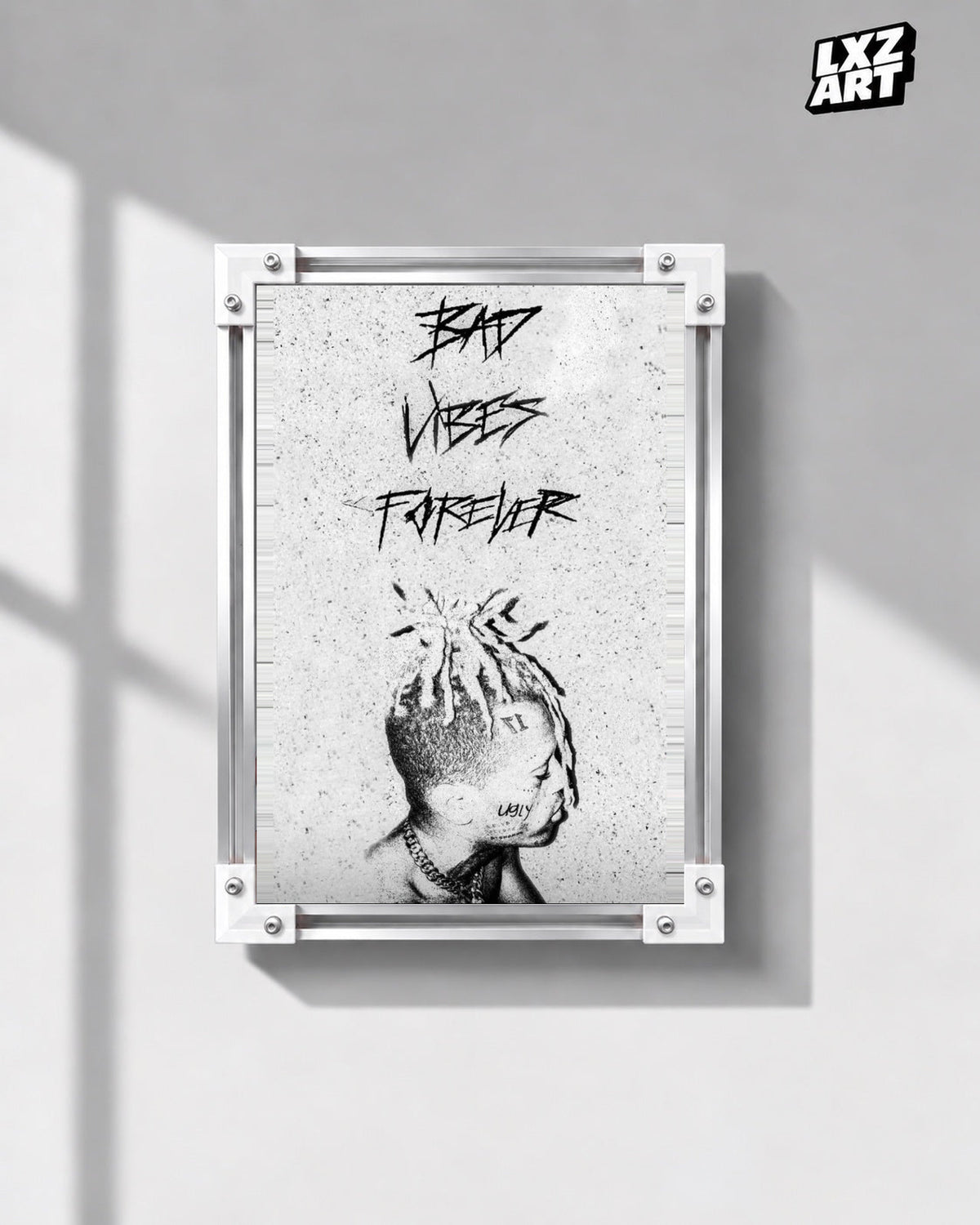 XXXTentacion Bad Vibes Forever Portrait Poster in white-corner frame on gray wall. Frame shown for display only.