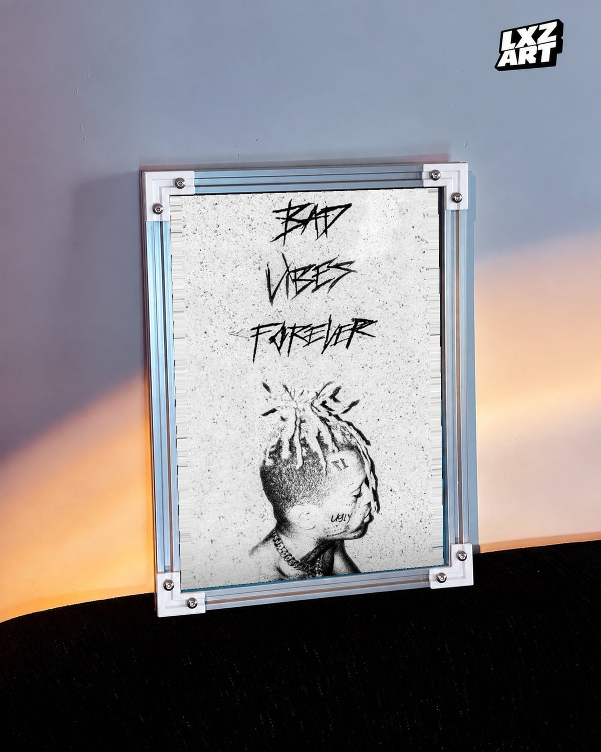 XXXTentacion Bad Vibes Forever Portrait Poster in white-corner frame on warm-lit wall. Frame shown for display only.