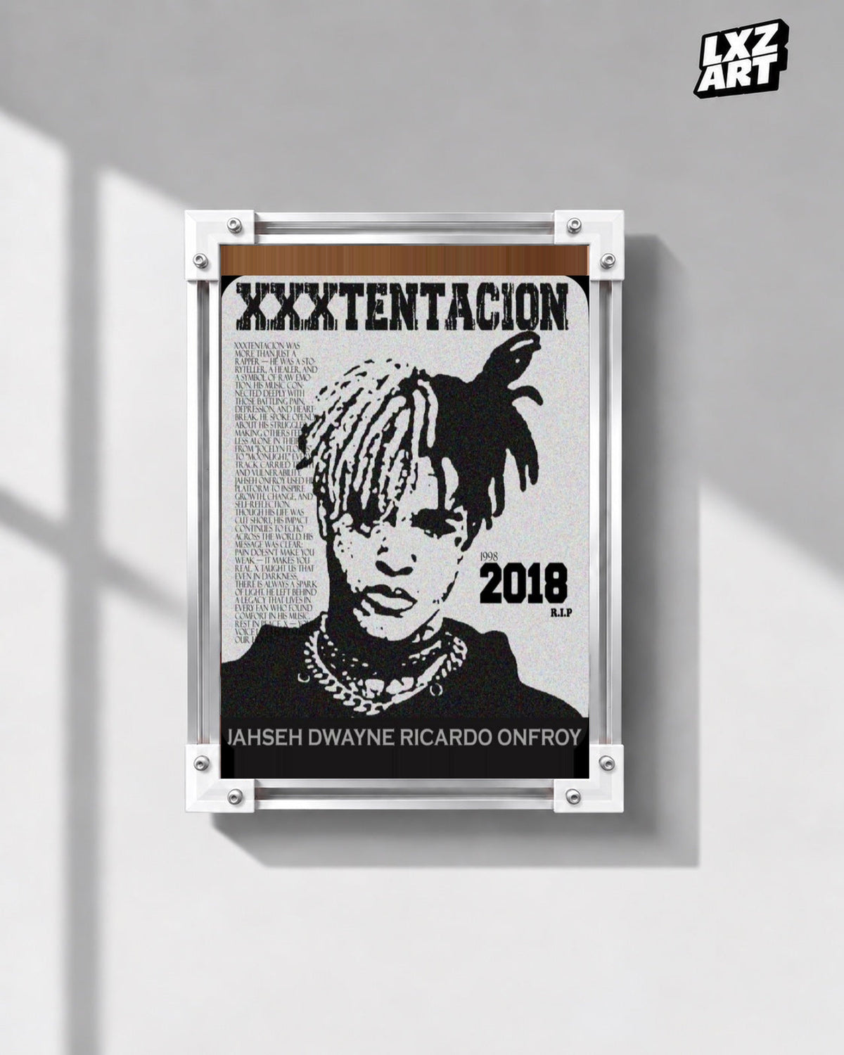 XXXTentacion 1998–2018 Memorial Portrait Poster in white-corner frame on gray wall. Frame shown for display only.