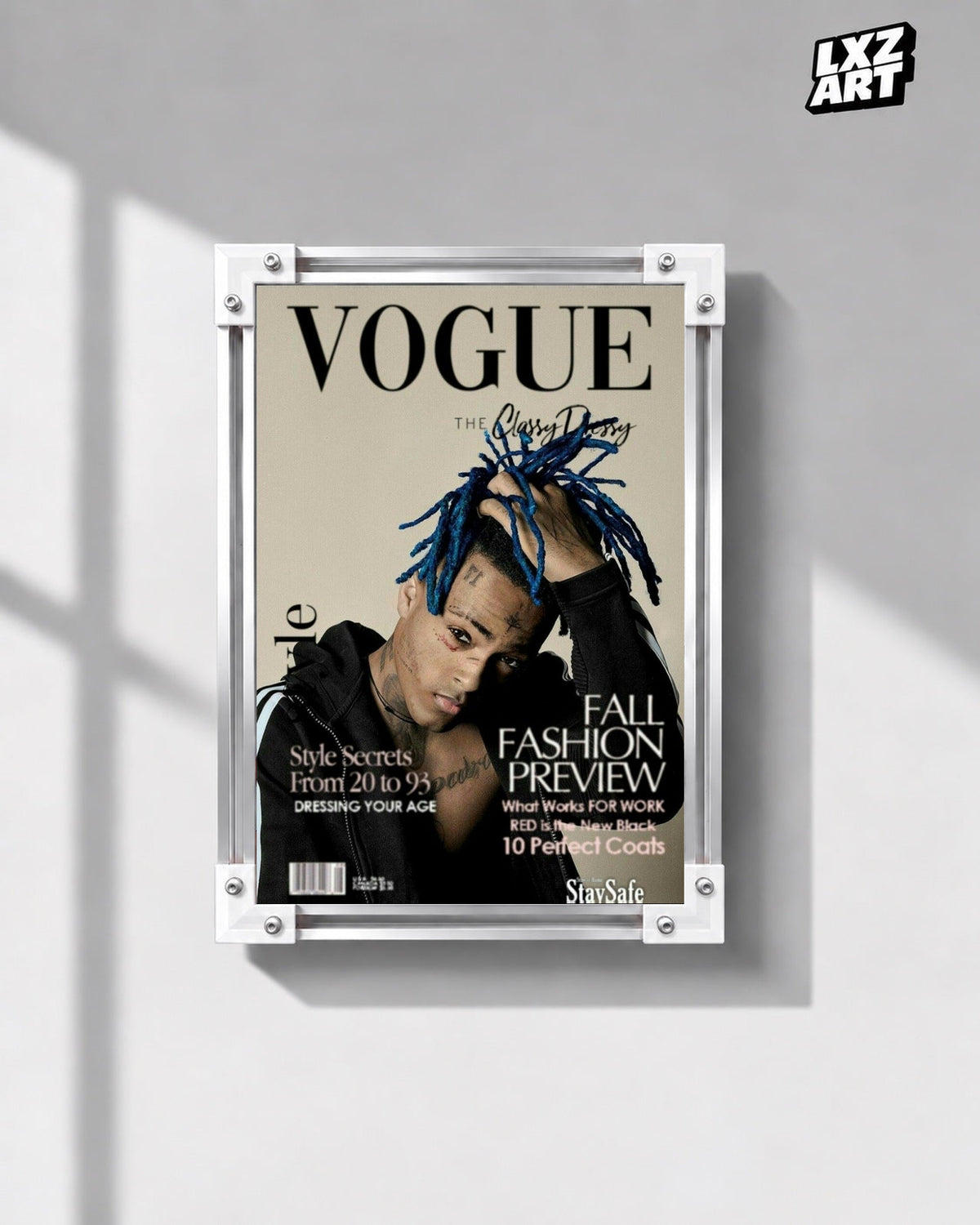 XXXTentacion Magazine Style Portrait Poster in white-corner frame on gray wall. Frame shown for display only.