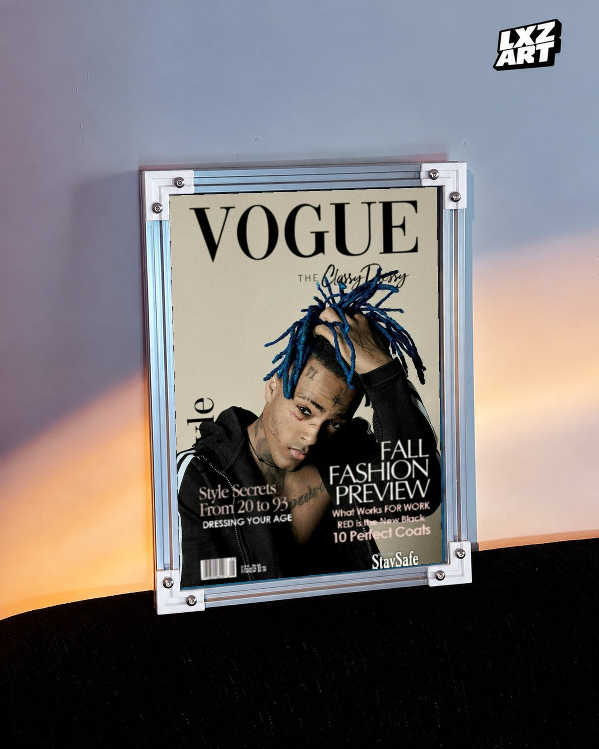 XXXTentacion Magazine Style Portrait Poster in white-corner frame beside warm-lit wall. Frame shown for display only.