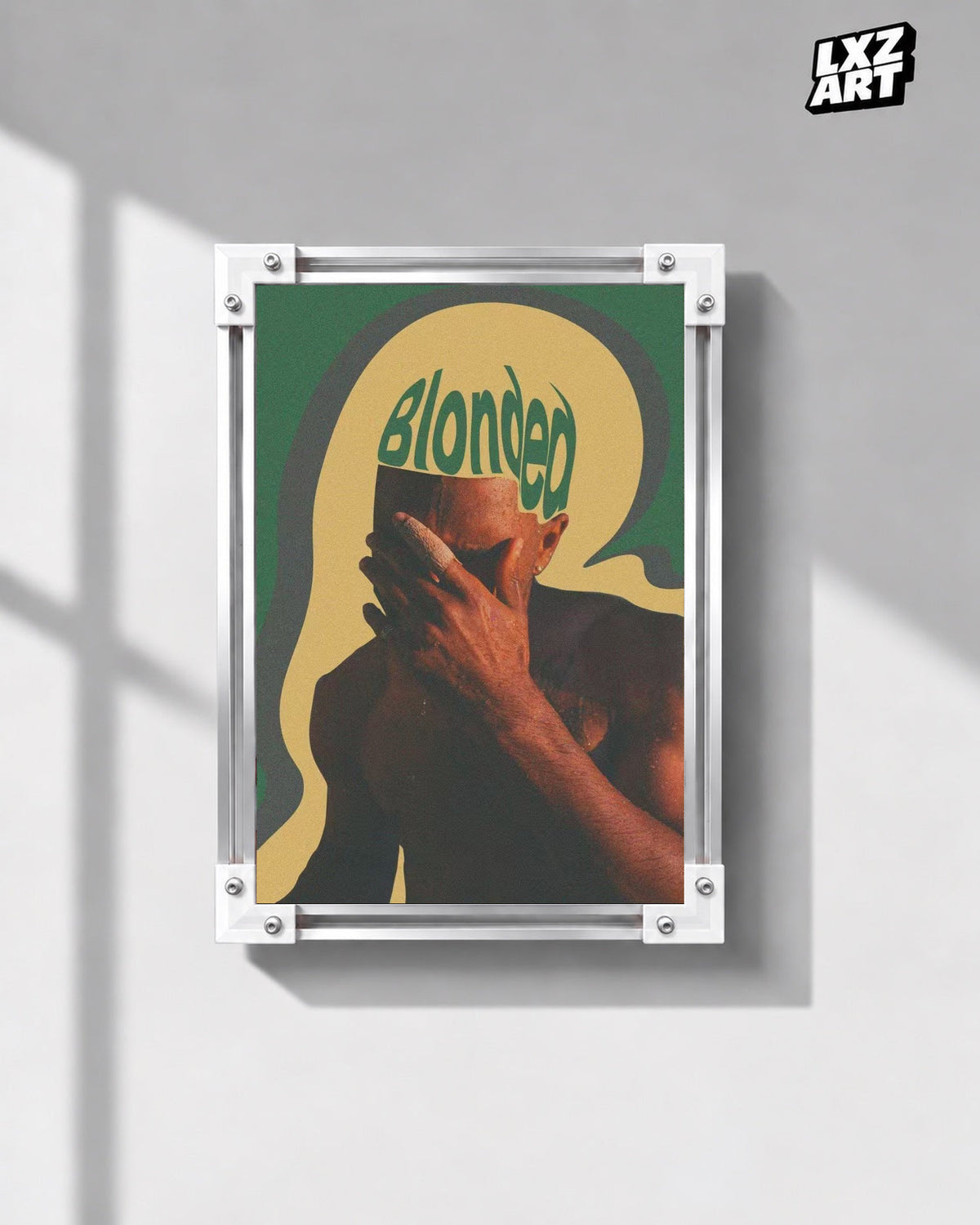 Frank Ocean Blonde Retro Portrait Poster in white-corner frame on gray wall. Frame shown for display only.