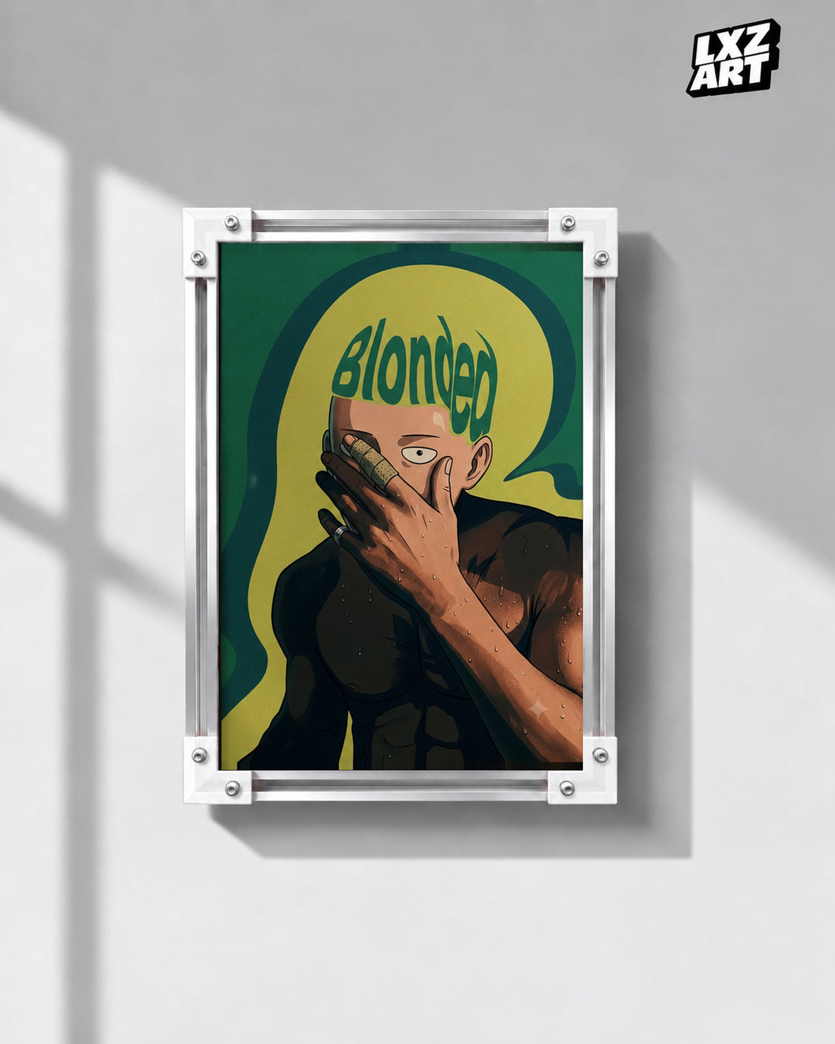 Frank Ocean Blonded Anime-Inspired Poster in white-corner frame on gray wall. Frame shown for display only.