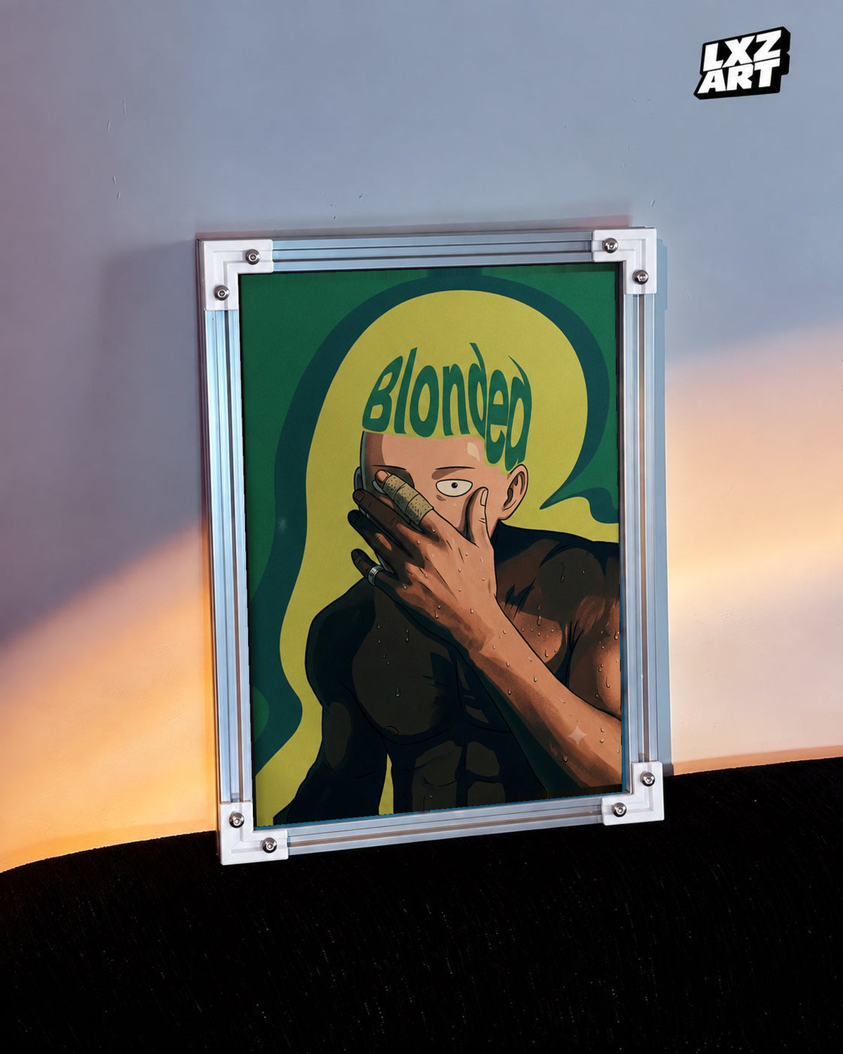 Frank Ocean Blonded Anime-Inspired Poster in white-corner frame on warm-lit wall. Frame shown for display only.
