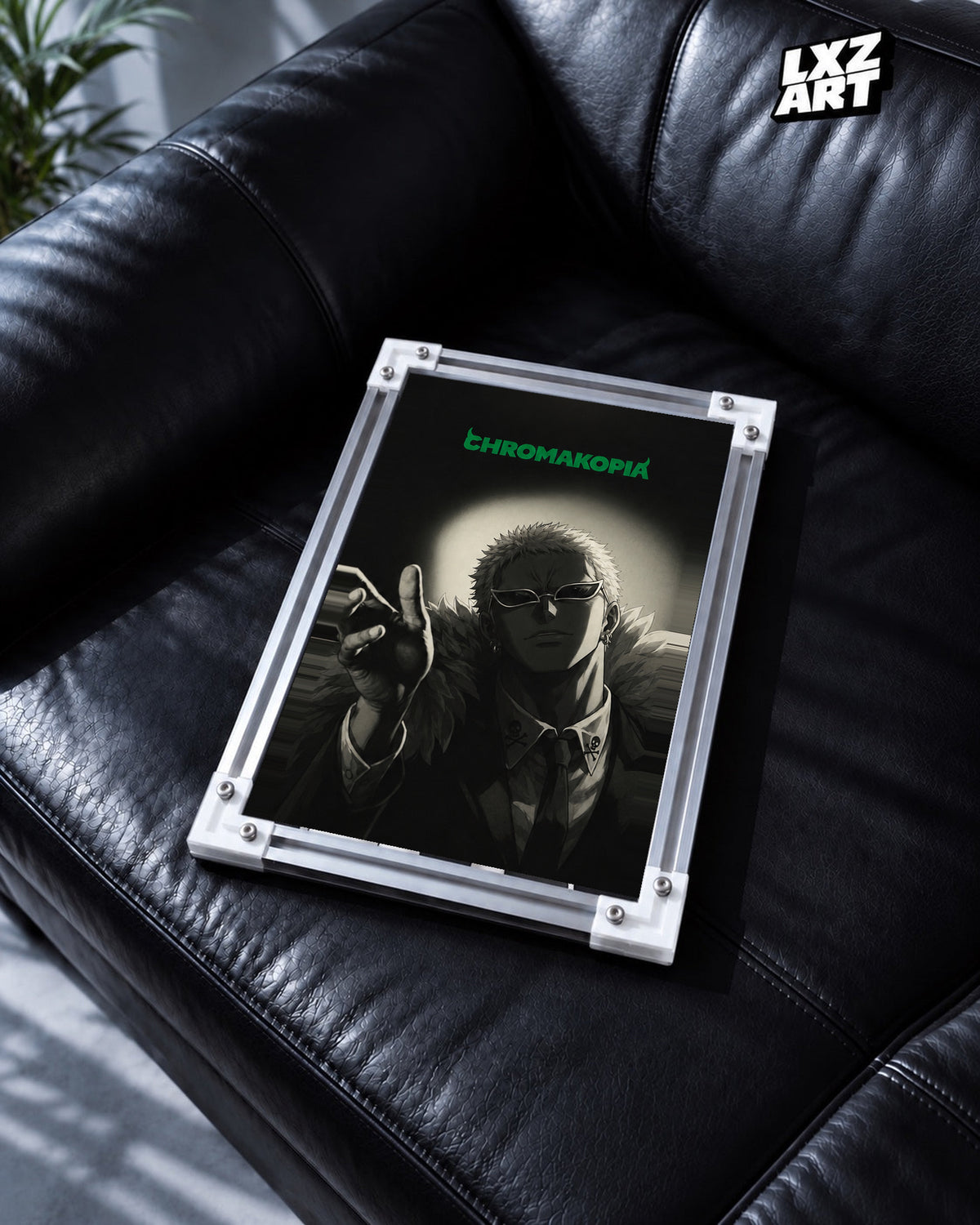 Tyler, The Creator Chromakopia Anime-Inspired Poster in white-corner frame on black leather sofa. Frame shown for display only.