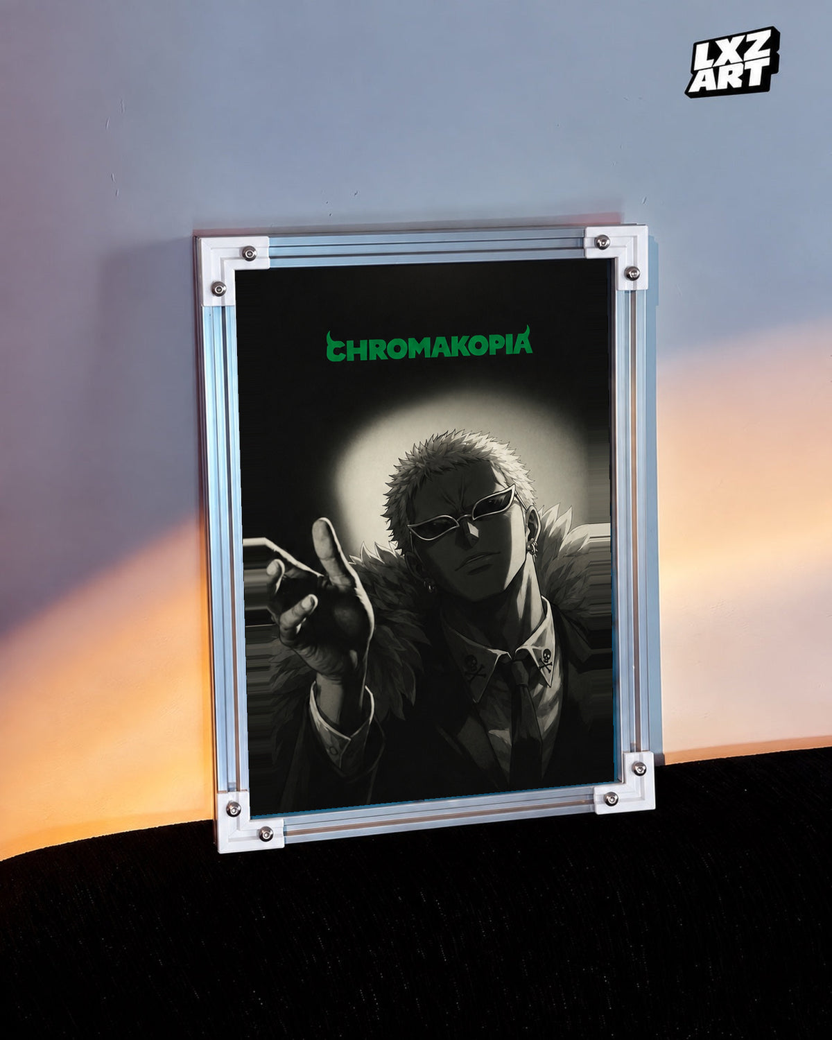 Tyler, The Creator Chromakopia Anime-Inspired Poster in white-corner frame on warm-lit wall. Frame shown for display only.