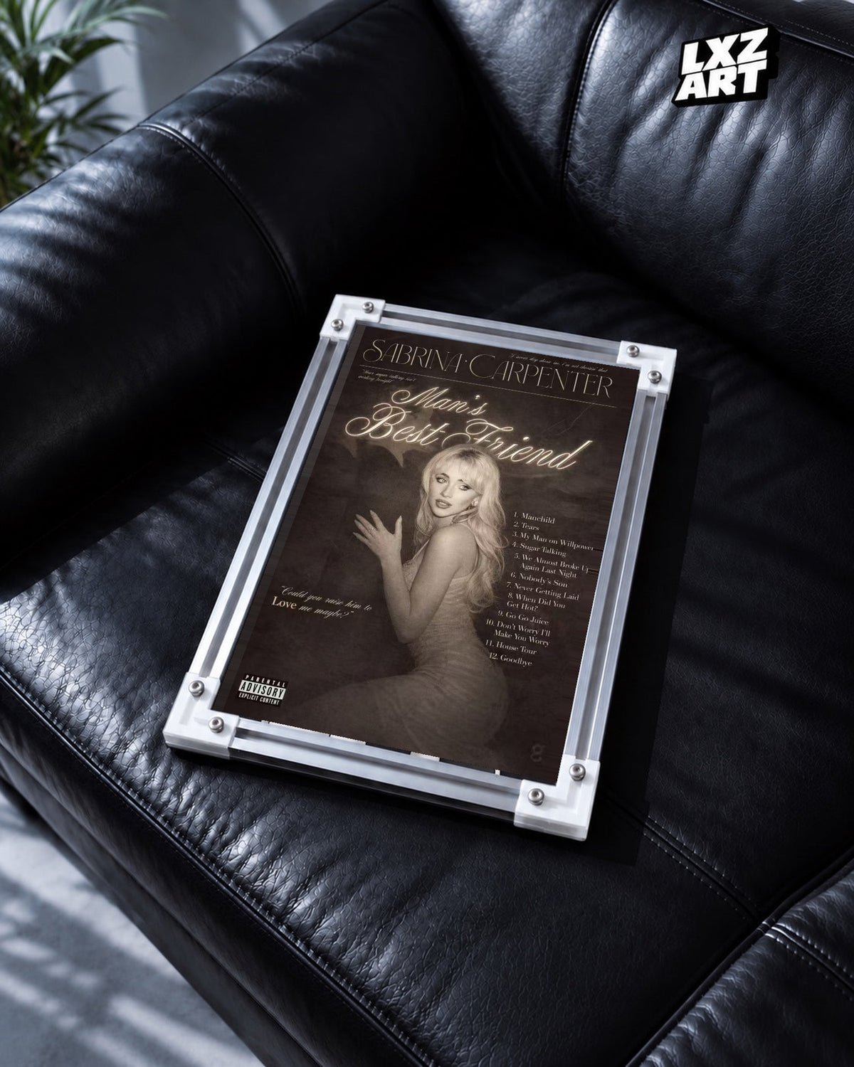 Sabrina Carpenter Man's Best Friend Sepia Portrait Tracklist Poster; black leather sofa scene; frame for display only