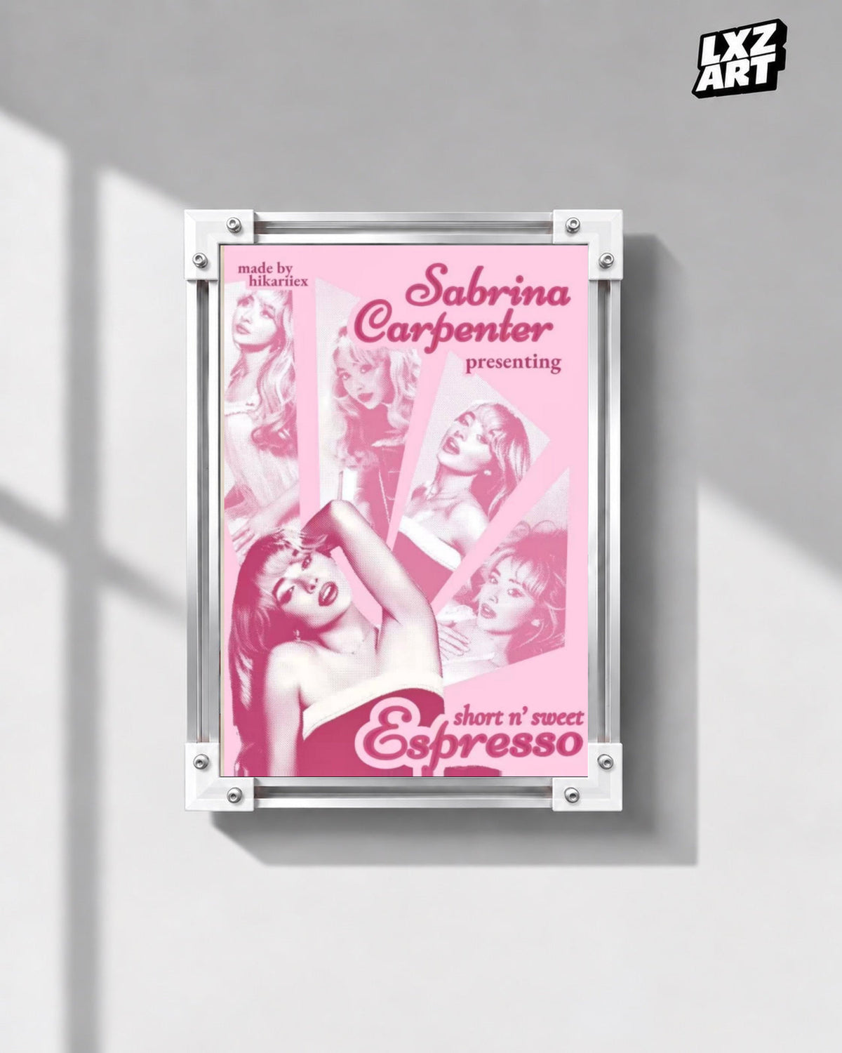 Sabrina Carpenter Espresso Poster in white-corner frame on gray wall. Frame shown for display only.
