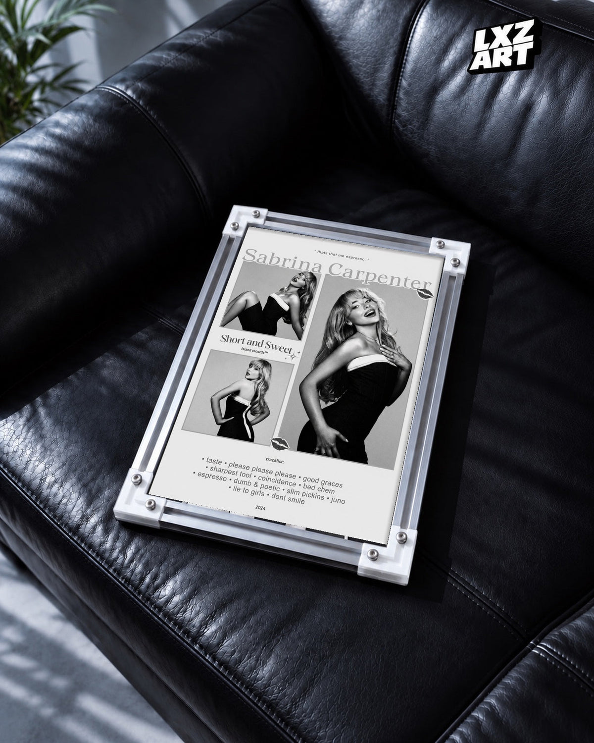 Sabrina Carpenter Short n' Sweet Black and White Collage Tracklist Poster; black leather sofa scene; frame for display only