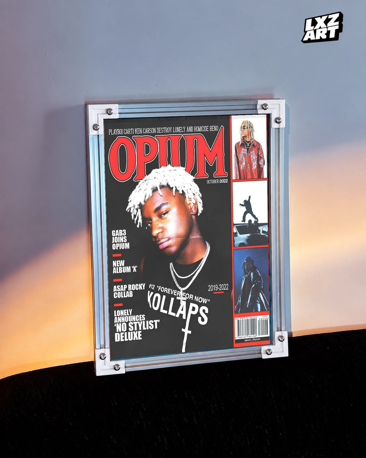 Opium Collective Red Magazine-Style Collage Poster; warm light wall scene; frame for display only