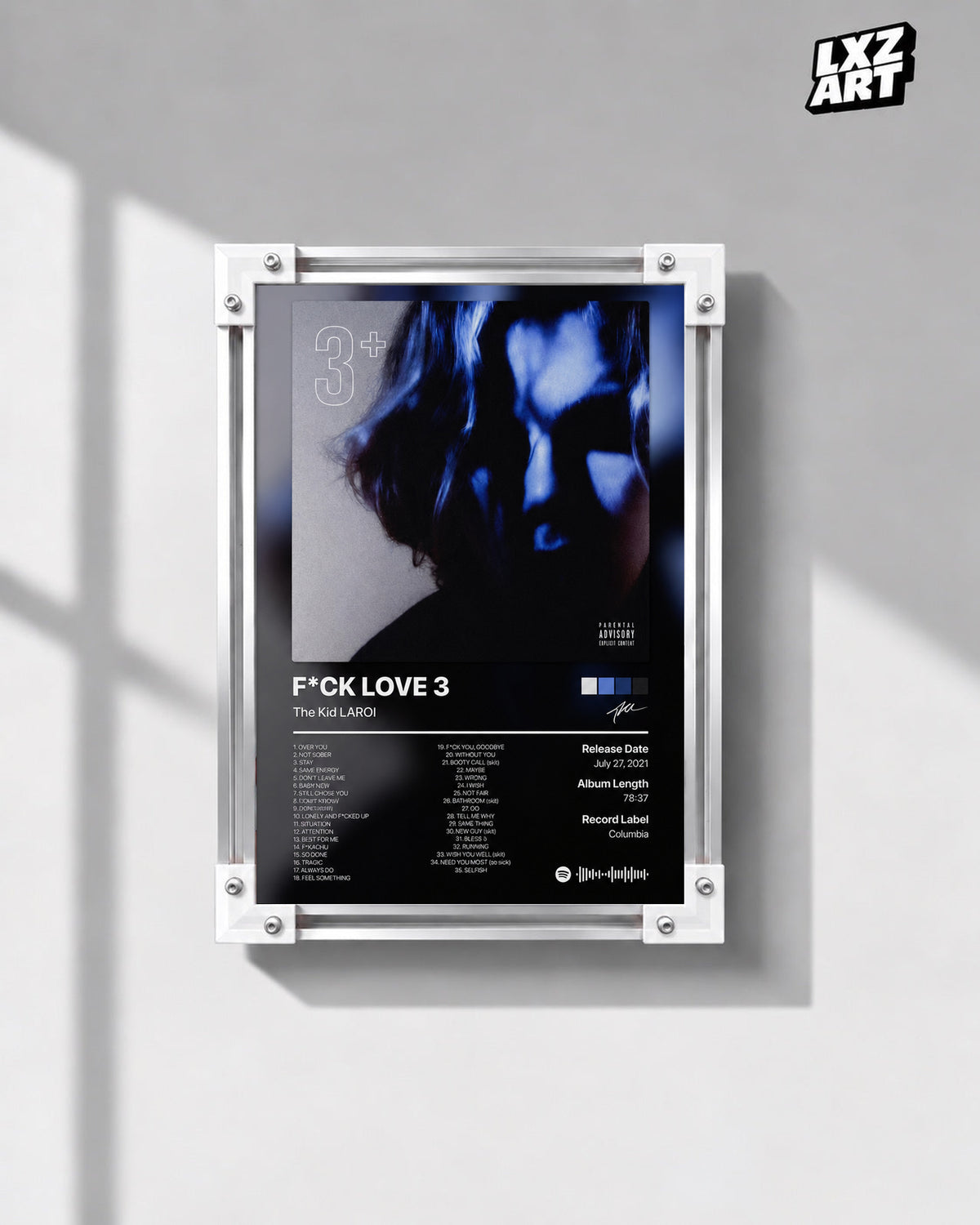 The Kid LAROI FLV3 Tracklist Poster in white-corner frame on gray wall. Frame shown for display only.