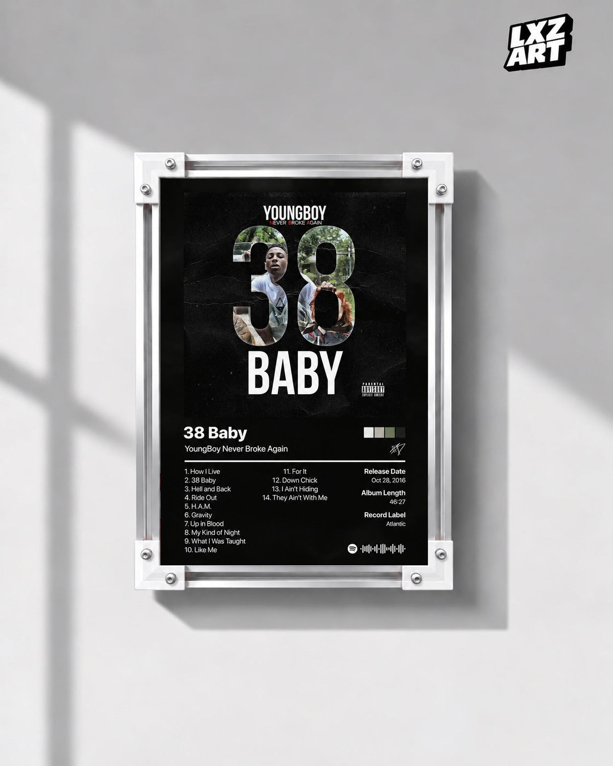 YoungBoy Never Broke Again 38 Baby Tracklist Poster in white-corner frame on gray wall. Frame shown for display only.