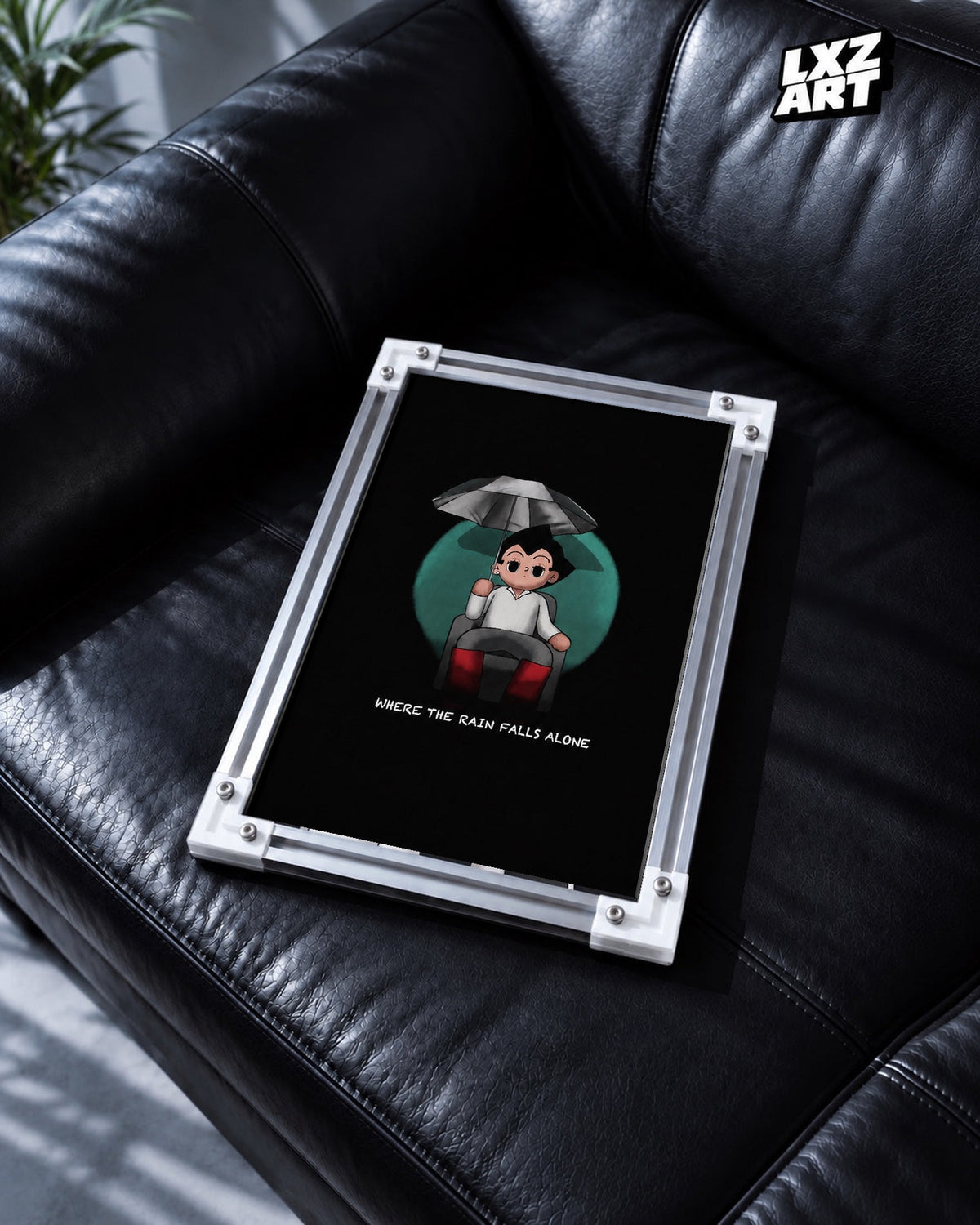 Bring Me The Horizon That's the Spirit × Astro Boy Poster in white-corner frame on black leather sofa. Frame shown for display only.