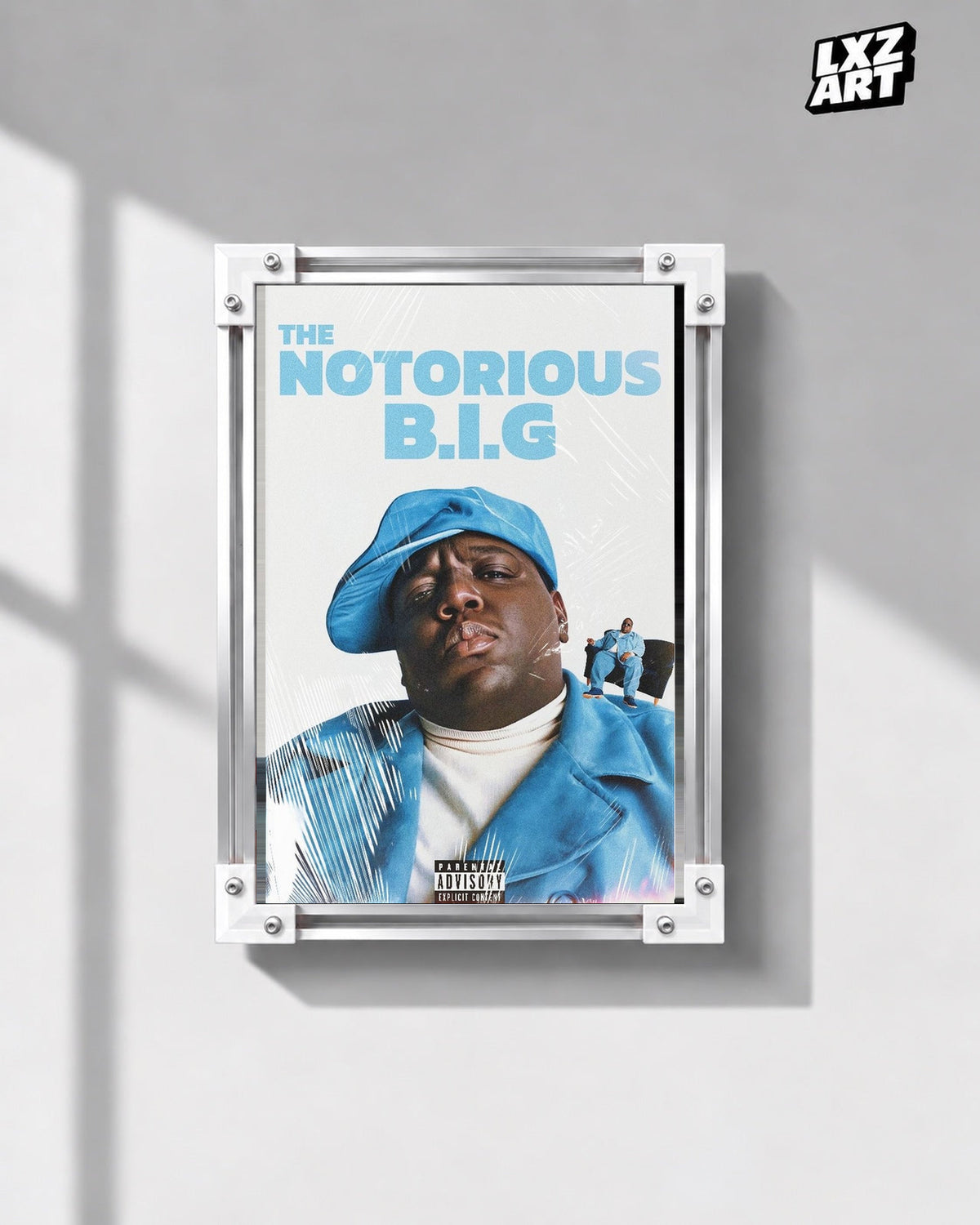 The Notorious B.I.G. Blue Portrait Collage Poster in white-corner frame on gray wall. Frame shown for display only.