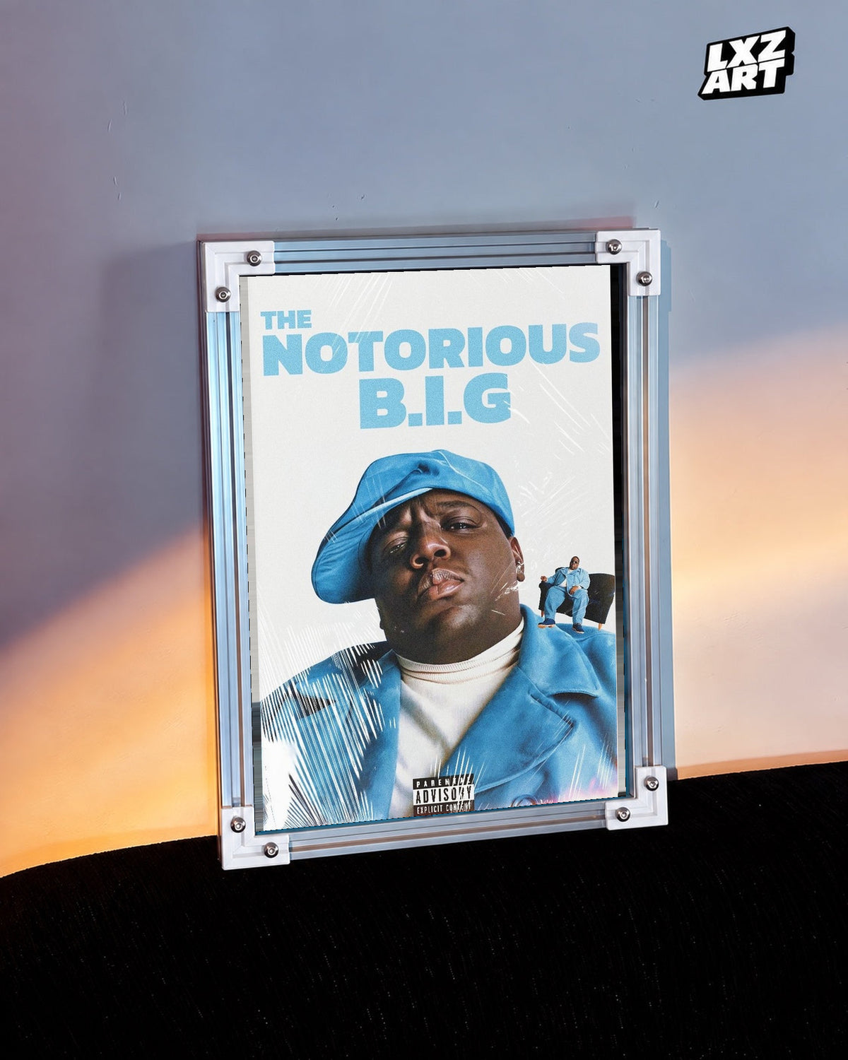 The Notorious B.I.G. Blue Portrait Collage Poster in white-corner frame beside warm-lit wall. Frame shown for display only.