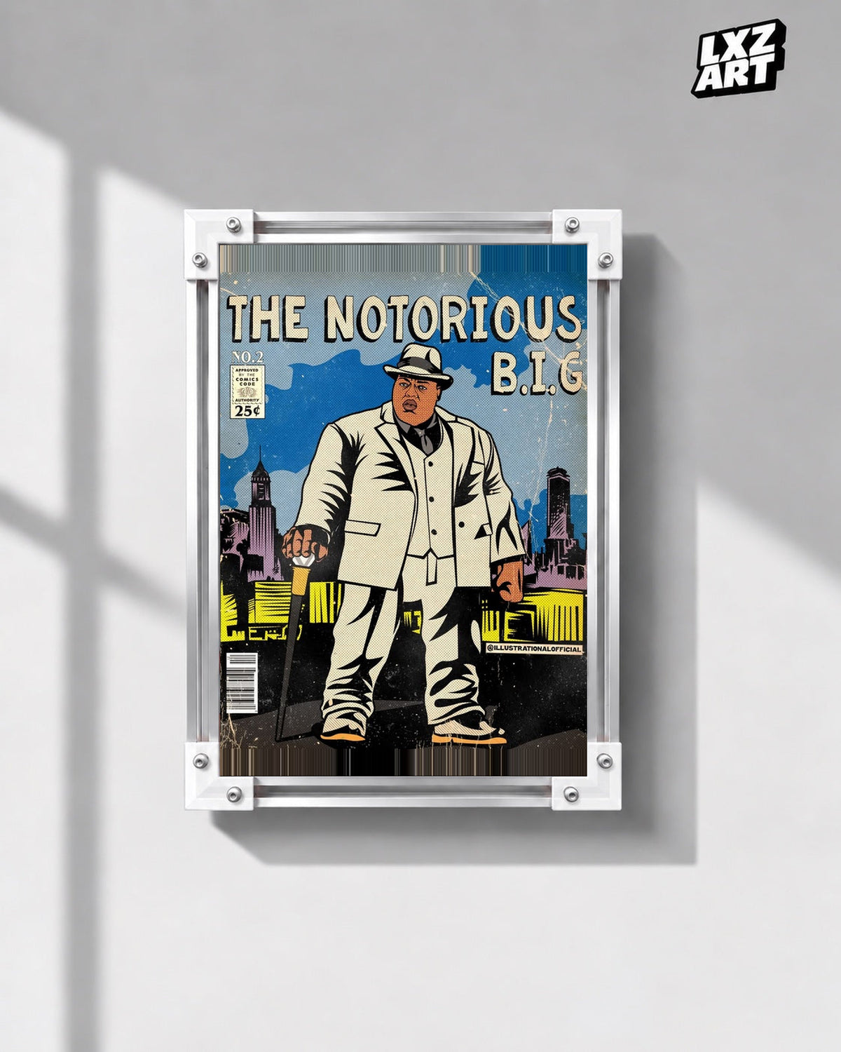 The Notorious B.I.G. White Suit Comic Style Poster in white-corner frame on gray wall. Frame shown for display only.
