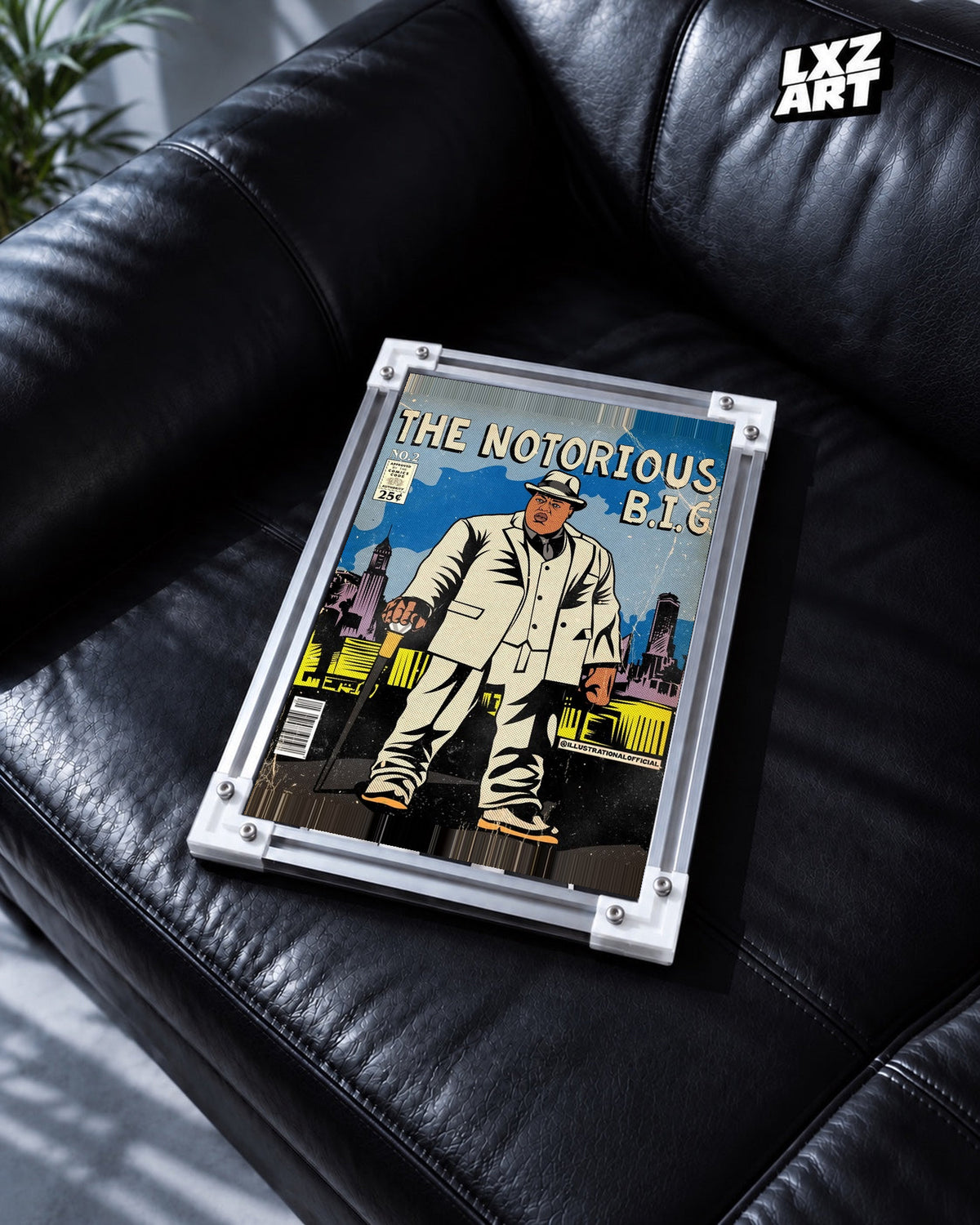 The Notorious B.I.G. White Suit Comic Style Poster in white-corner frame on black leather sofa. Frame shown for display only.