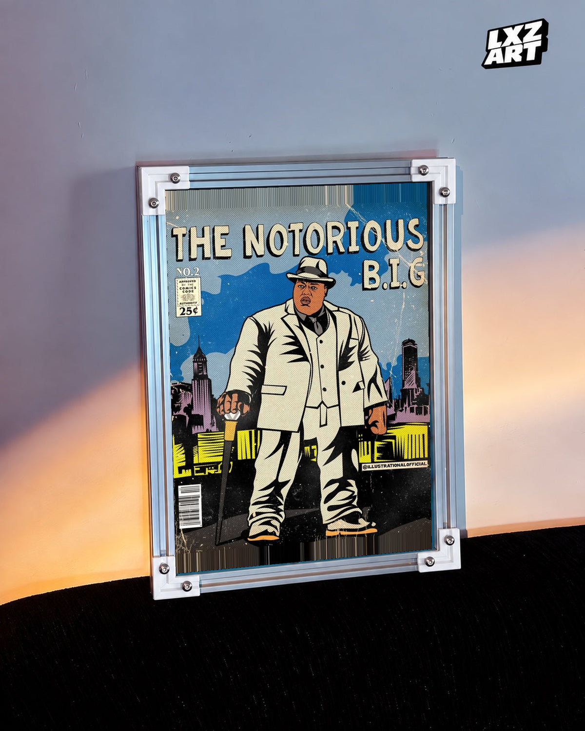 The Notorious B.I.G. White Suit Comic Style Poster in white-corner frame beside warm-lit wall. Frame shown for display only.