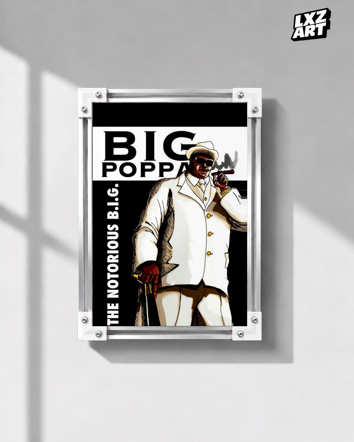 The Notorious B.I.G. Big Poppa White Suit Illustration Poster in white-corner frame on gray wall. Frame shown for display only.